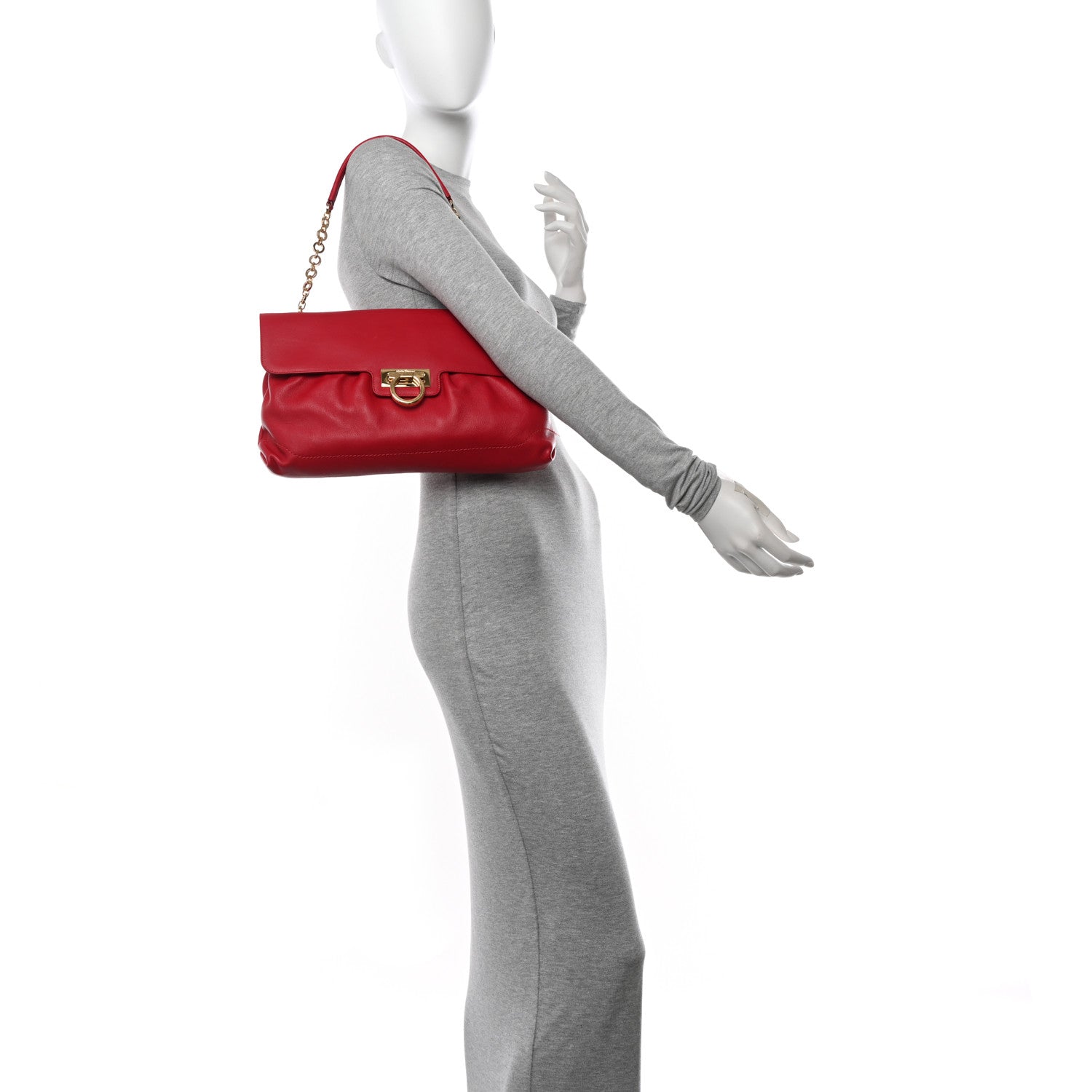 Salvatore Ferragamo Calfskin Gancini Chain Shoulder Bag Red 2 of 12