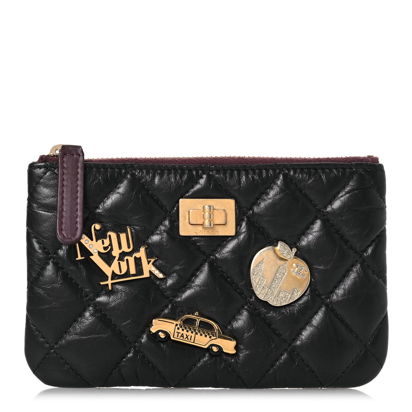 Aged Calfskin Quilted Small Lucky Charms Cosmetic Case Black