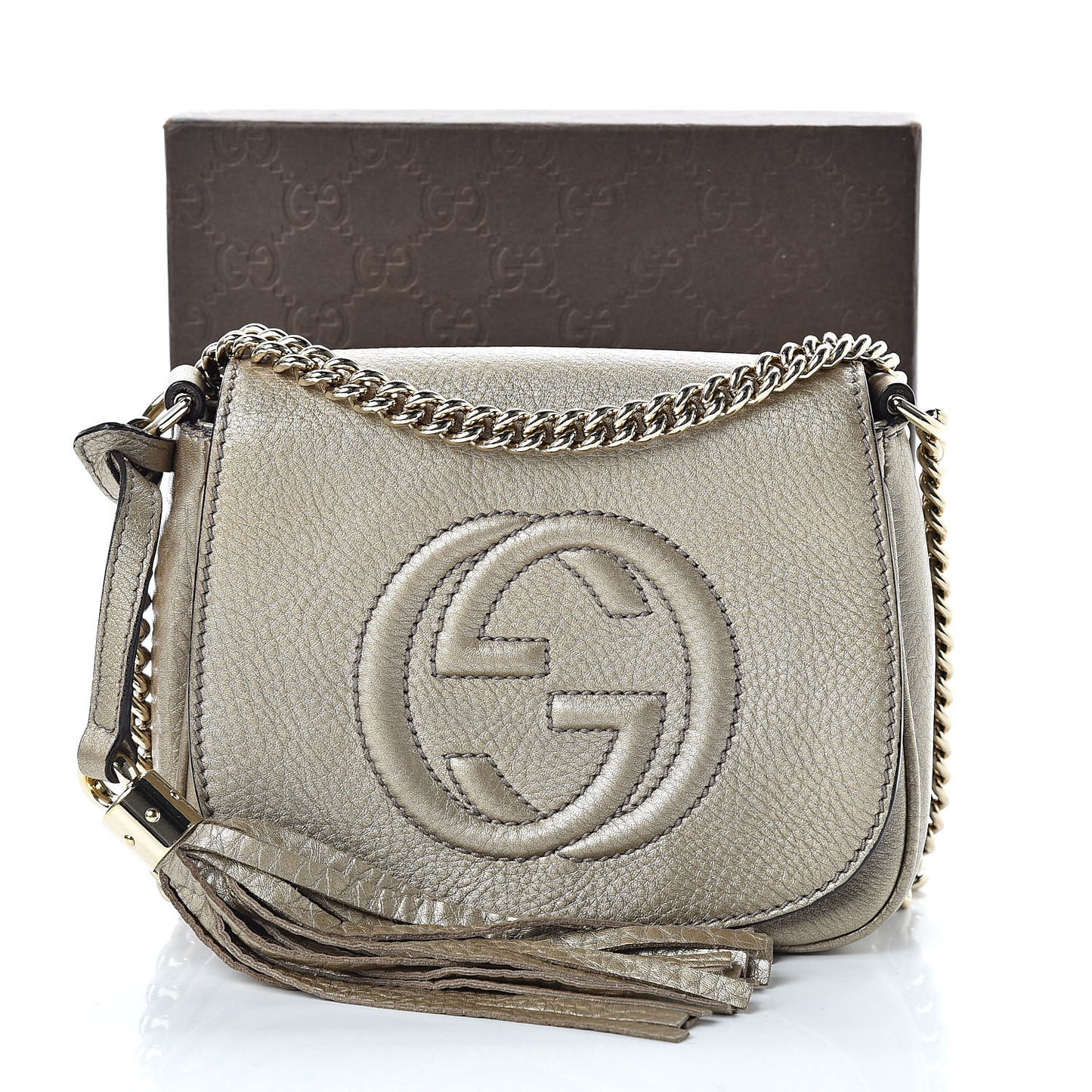 Metallic Pebbled Calfskin Small Soho Flap Crossbody Golden Beige