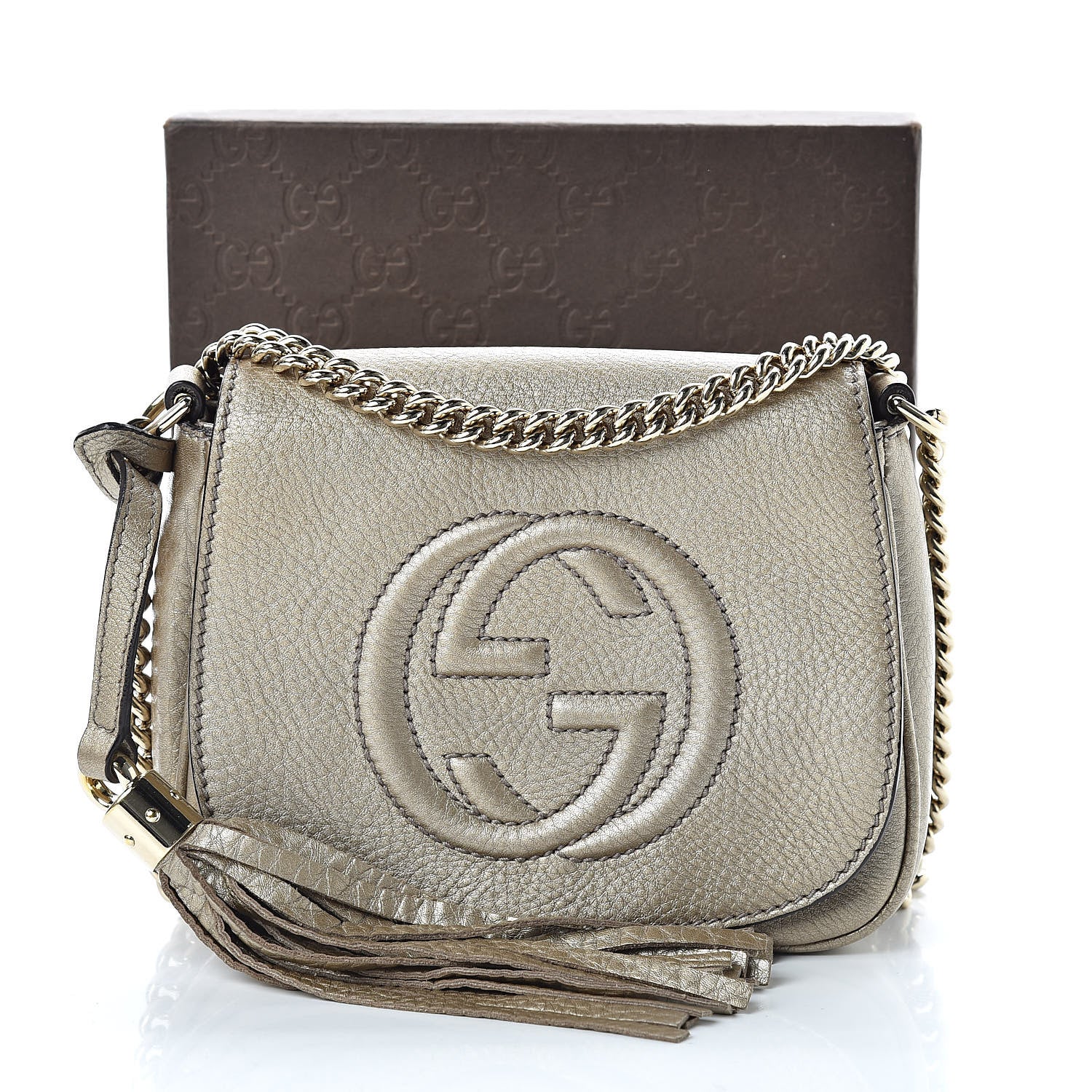 Gucci Metallic Pebbled Calfskin Small Soho Flap Crossbody Golden Beige 11 of 11