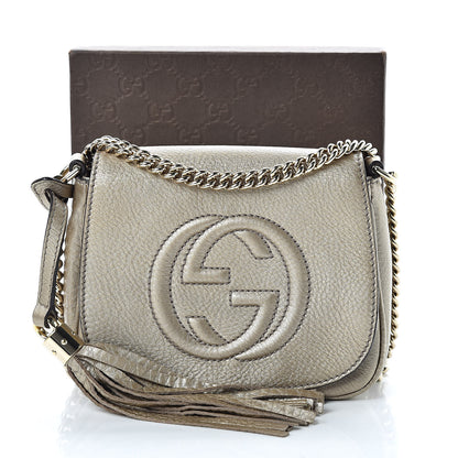 Gucci Metallic Pebbled Calfskin Small Soho Flap Crossbody Golden Beige 11 of 11