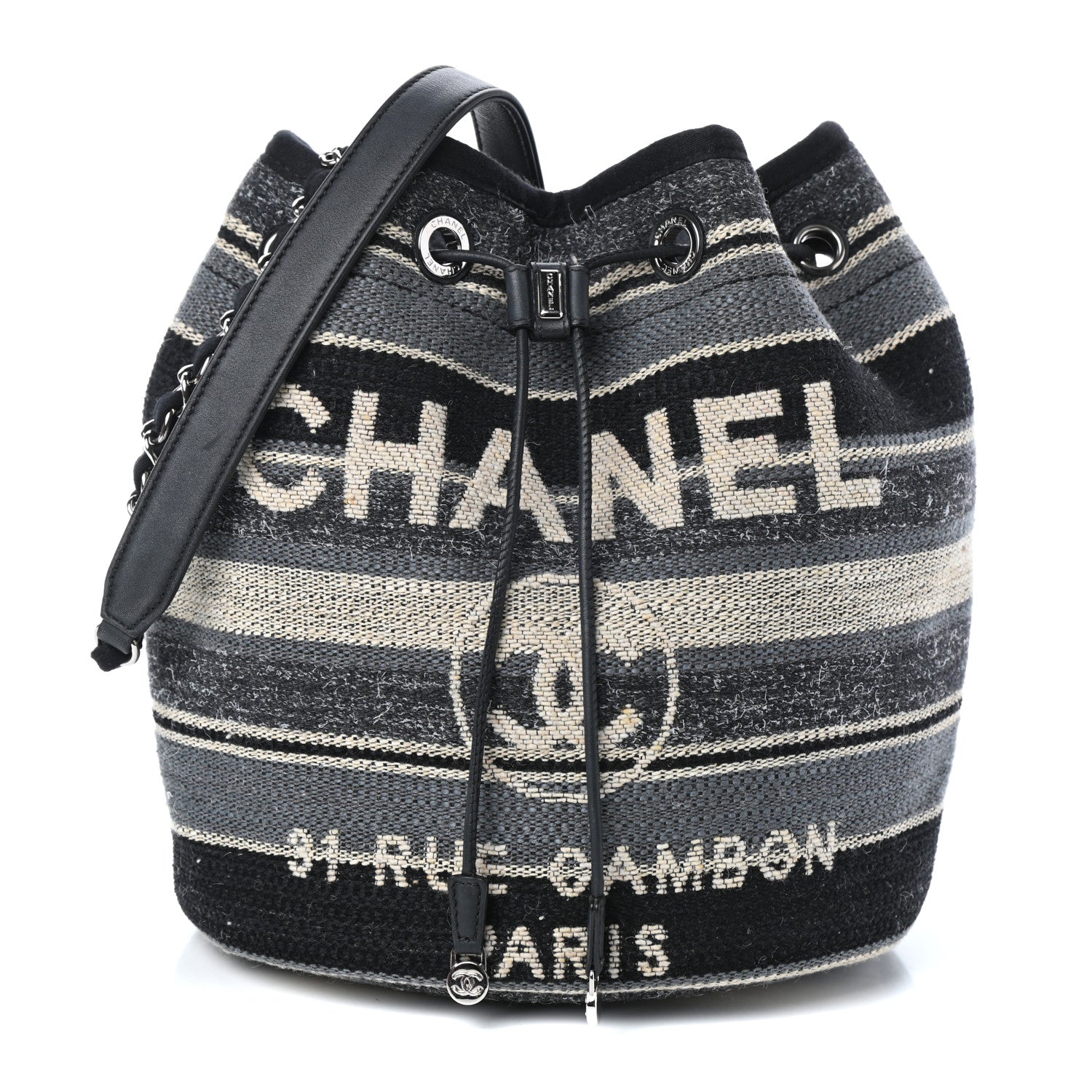 Chanel Striped Canvas Deauville Drawstring Bag Grey Black 1 of 11