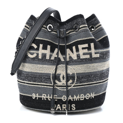 Chanel Striped Canvas Deauville Drawstring Bag Grey Black 1 of 11