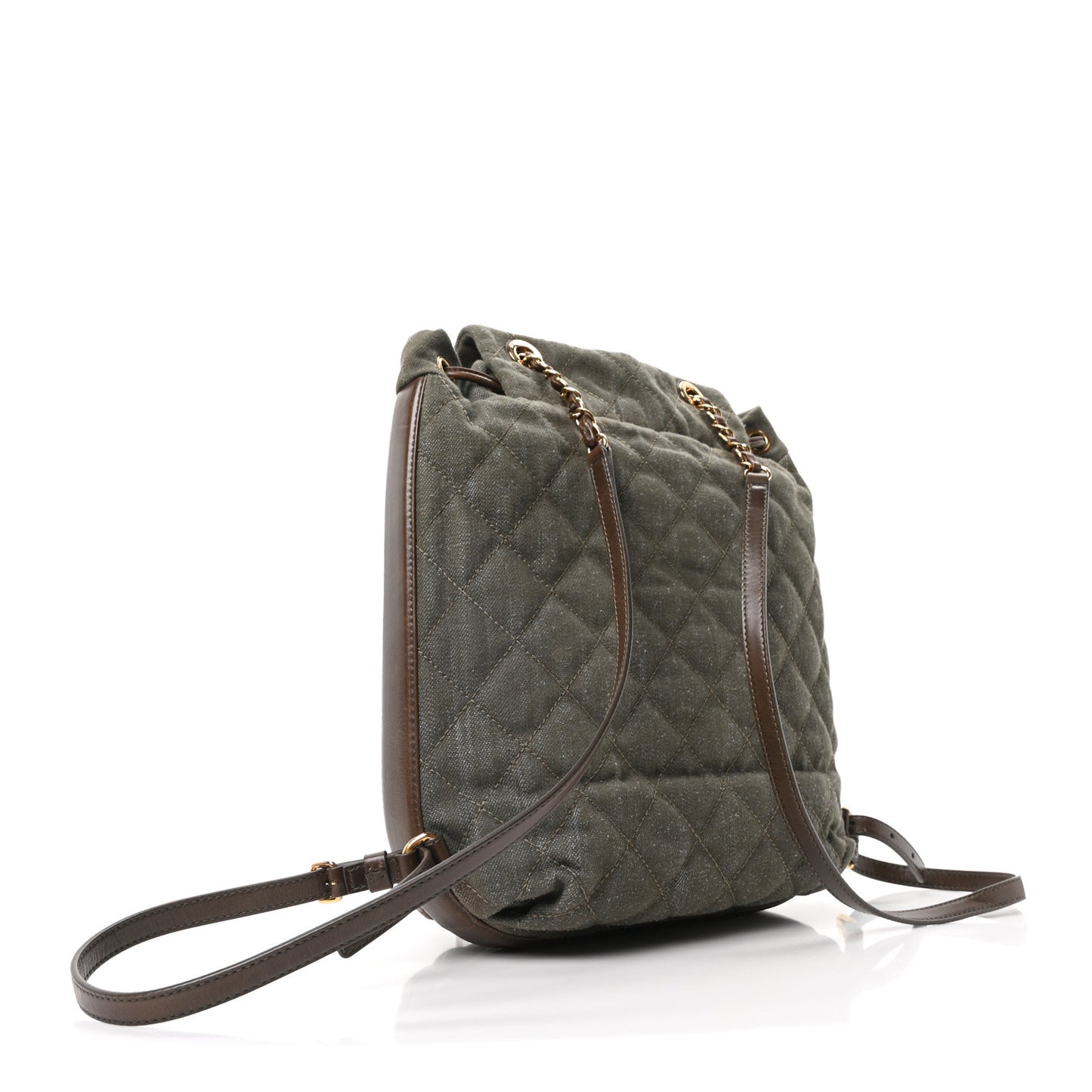 Denim Calfskin Quilted Backpack Olive Green Brown
