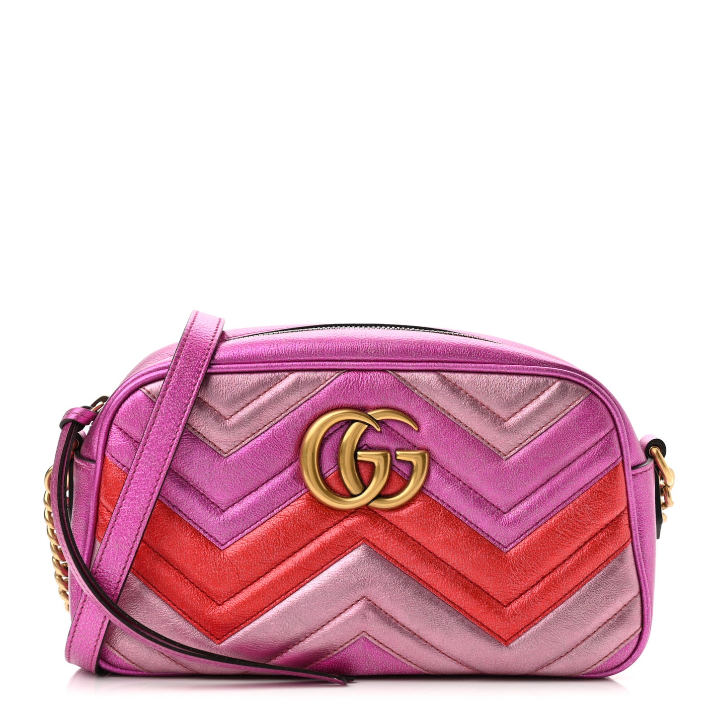 Laminated Nappa Matelasse Small GG Marmont Chain Shoulder Bag Fuxia Rosso Rosa