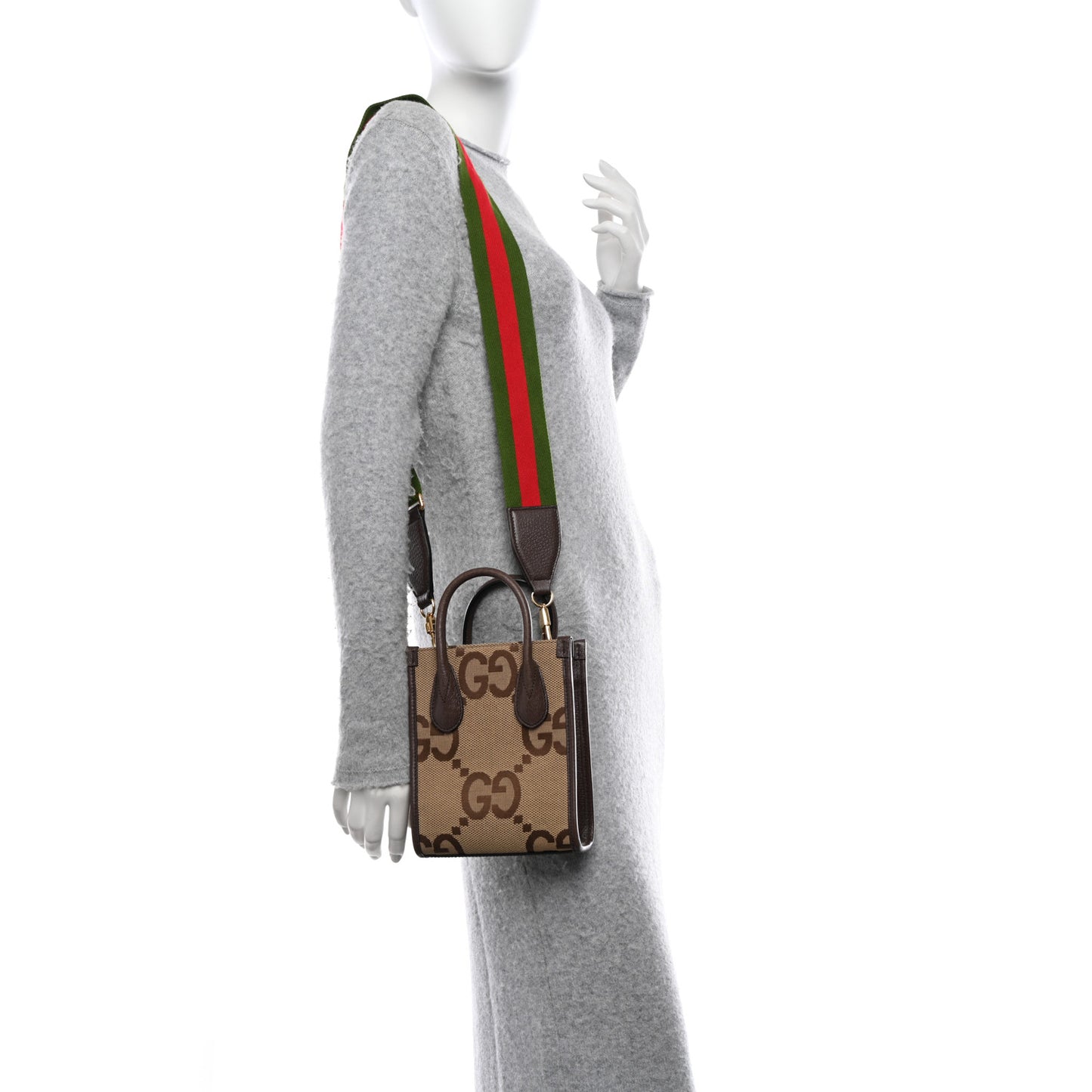 Monogram Jumbo GG Textured Dollar Calfskin Web Mini Vertical Tote Camel Ebony New Acero