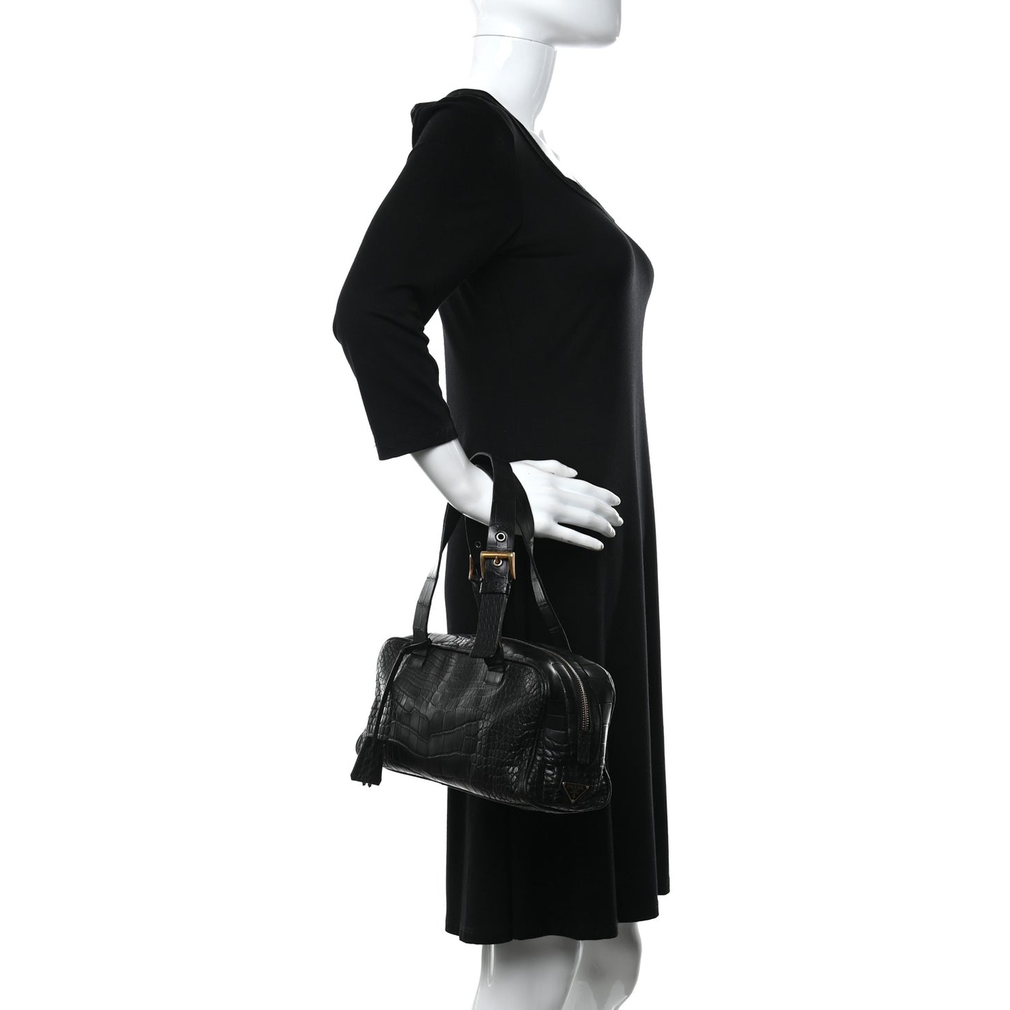 Calfskin Crocodile Embossed Satchel Black