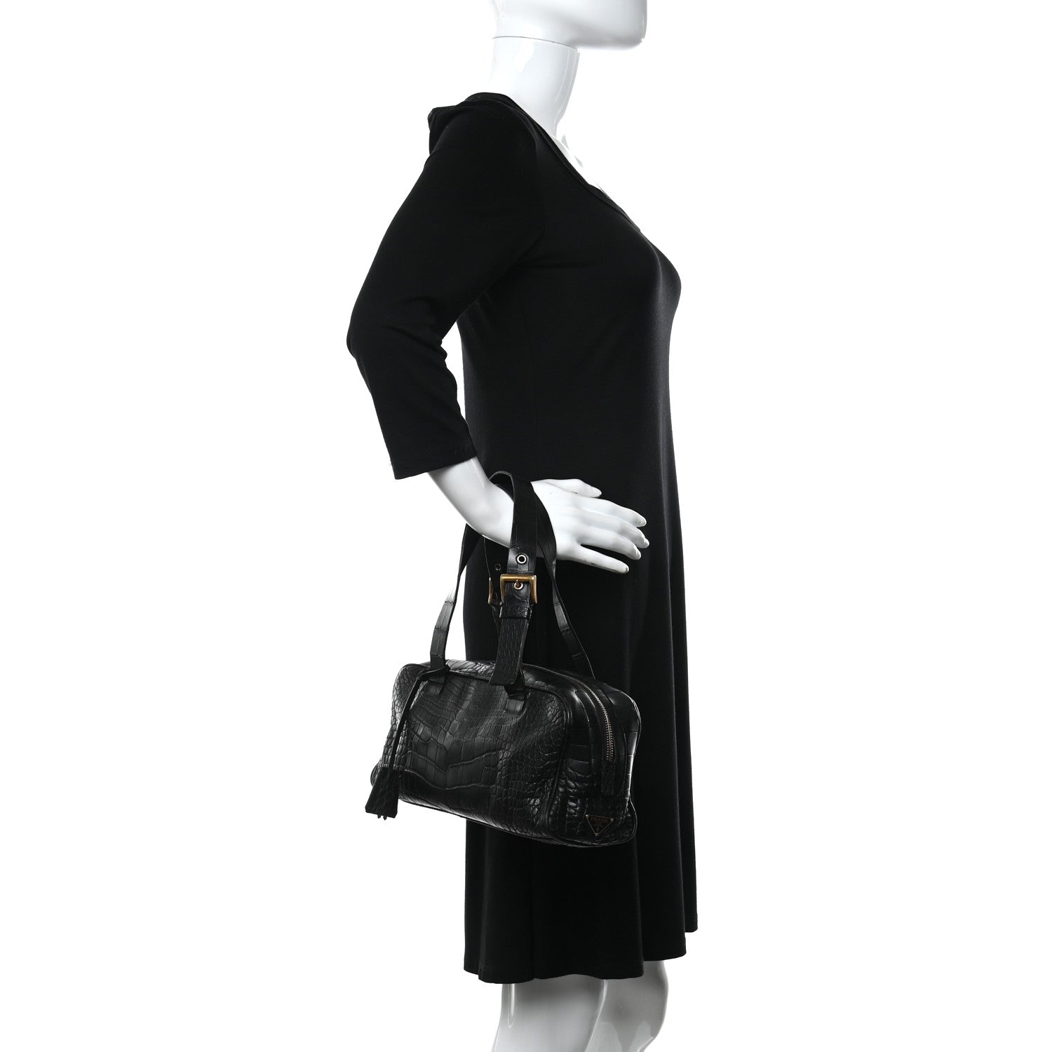 Prada Calfskin Crocodile Embossed Satchel Black 2 of 10