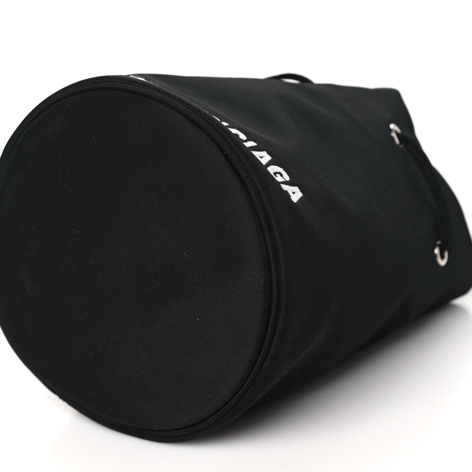Balenciaga Recycled Sport Nylon Logo Embroidered Wheel Drawstring Bucket Bag Black White 10 of 10