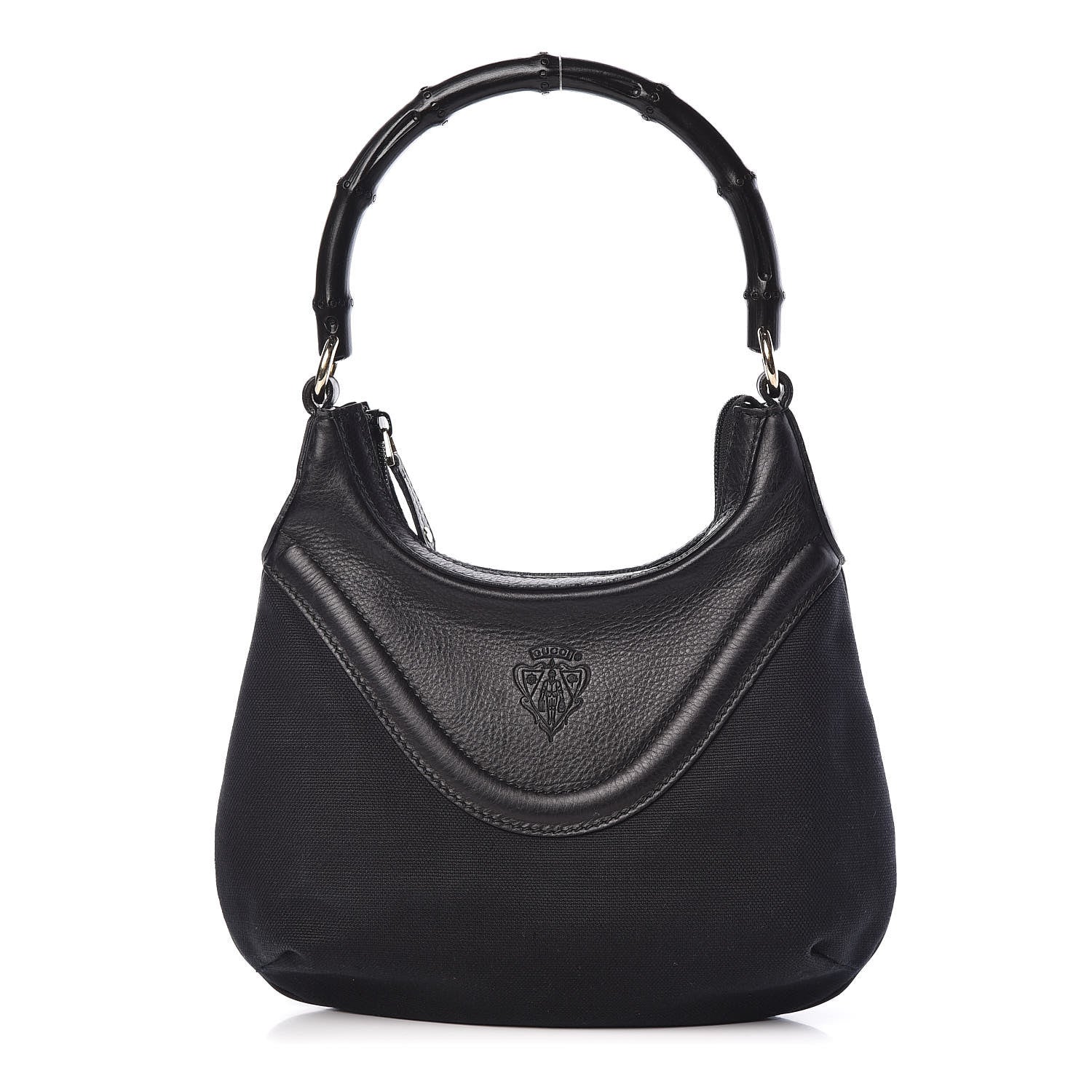 Gucci Calfskin Canvas Bamboo Shoulder Bag Black 1 of 9