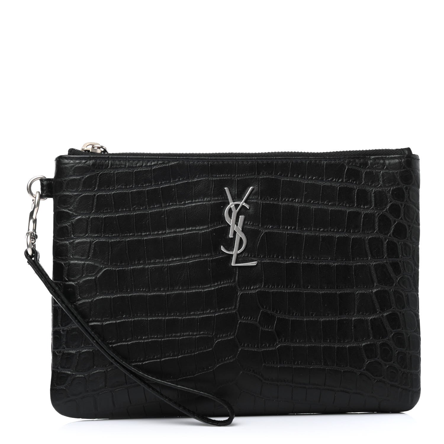 Saint Laurent Calfskin Crocodile Embossed Monogram Zip Pouch Black 1 of 4