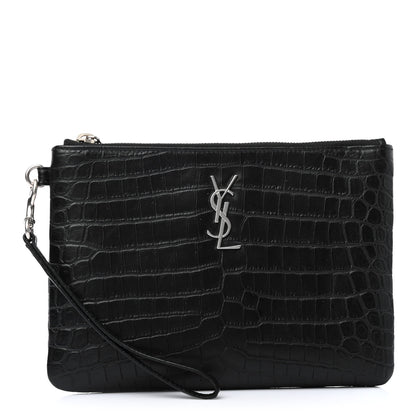 Saint Laurent Calfskin Crocodile Embossed Monogram Zip Pouch Black 1 of 4
