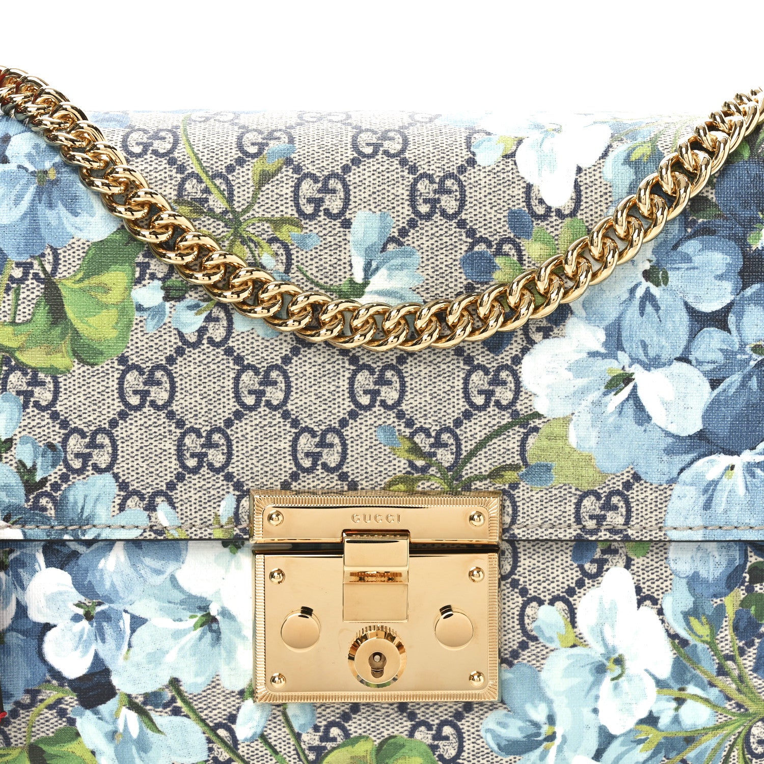 Gucci GG Supreme Monogram Blooms Medium Padlock Shoulder Bag Beige Blue Navy Hibiscus Red 8 of 11