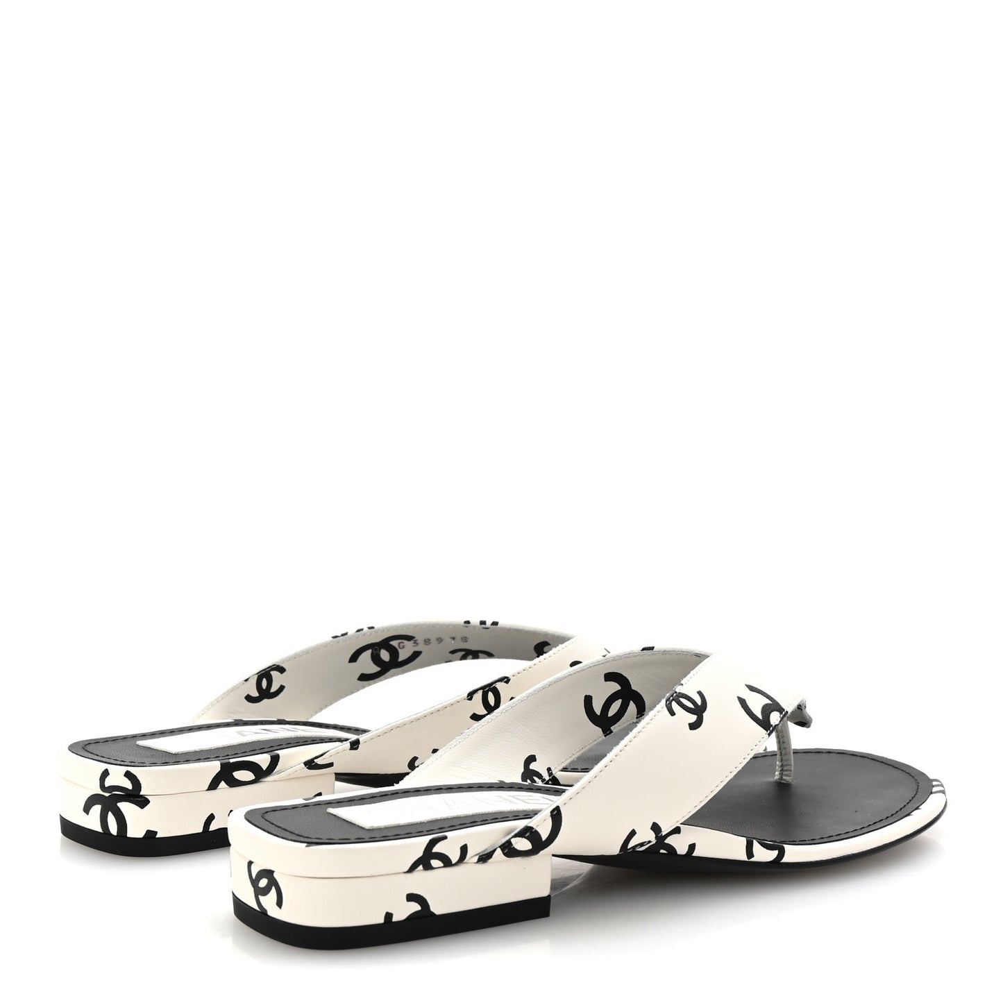Lambskin Printed CC Thong Sandals 35 White Black