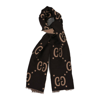 Gucci Wool Silk Monogram Jumbo GG Freedom Scarf Dark Brown Beige 1 of 3
