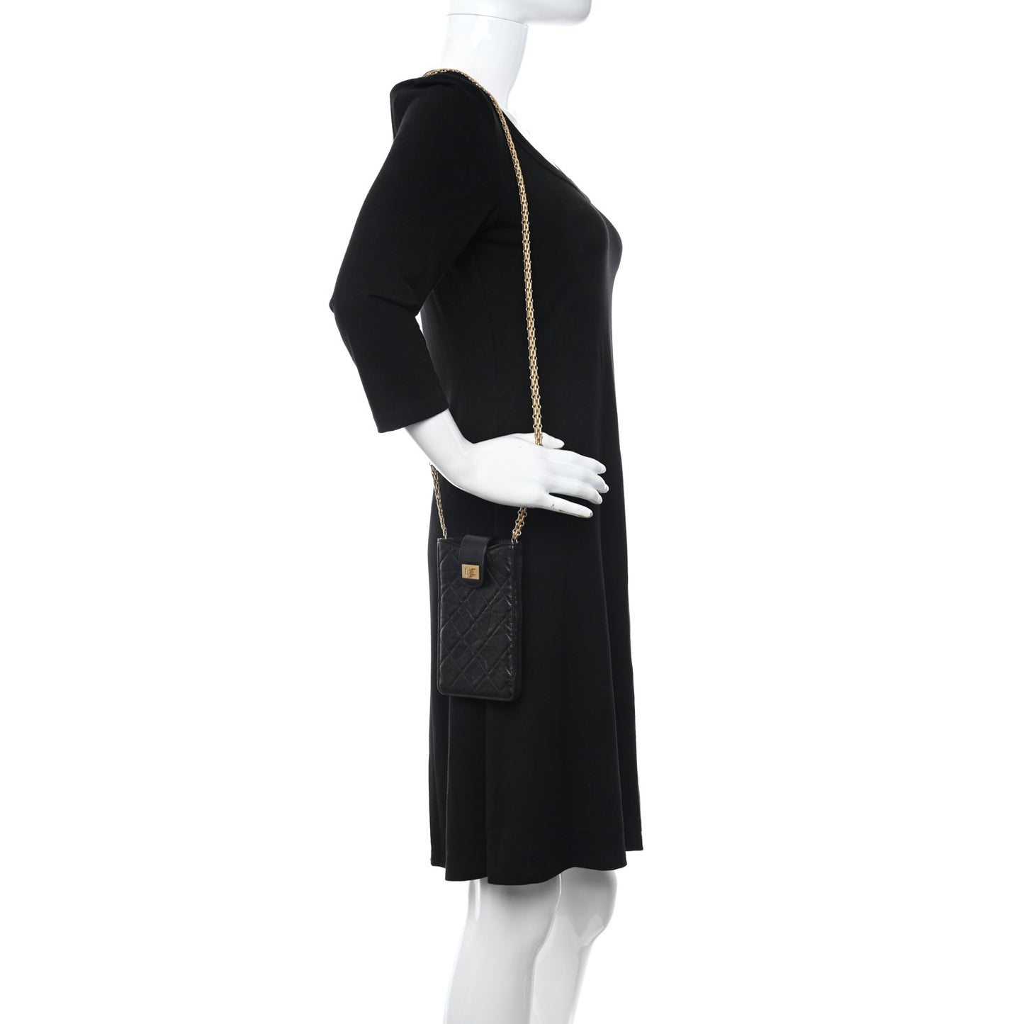 Aged Calfskin Quilted 2.55 Reissue Phone Holder With Chain Black