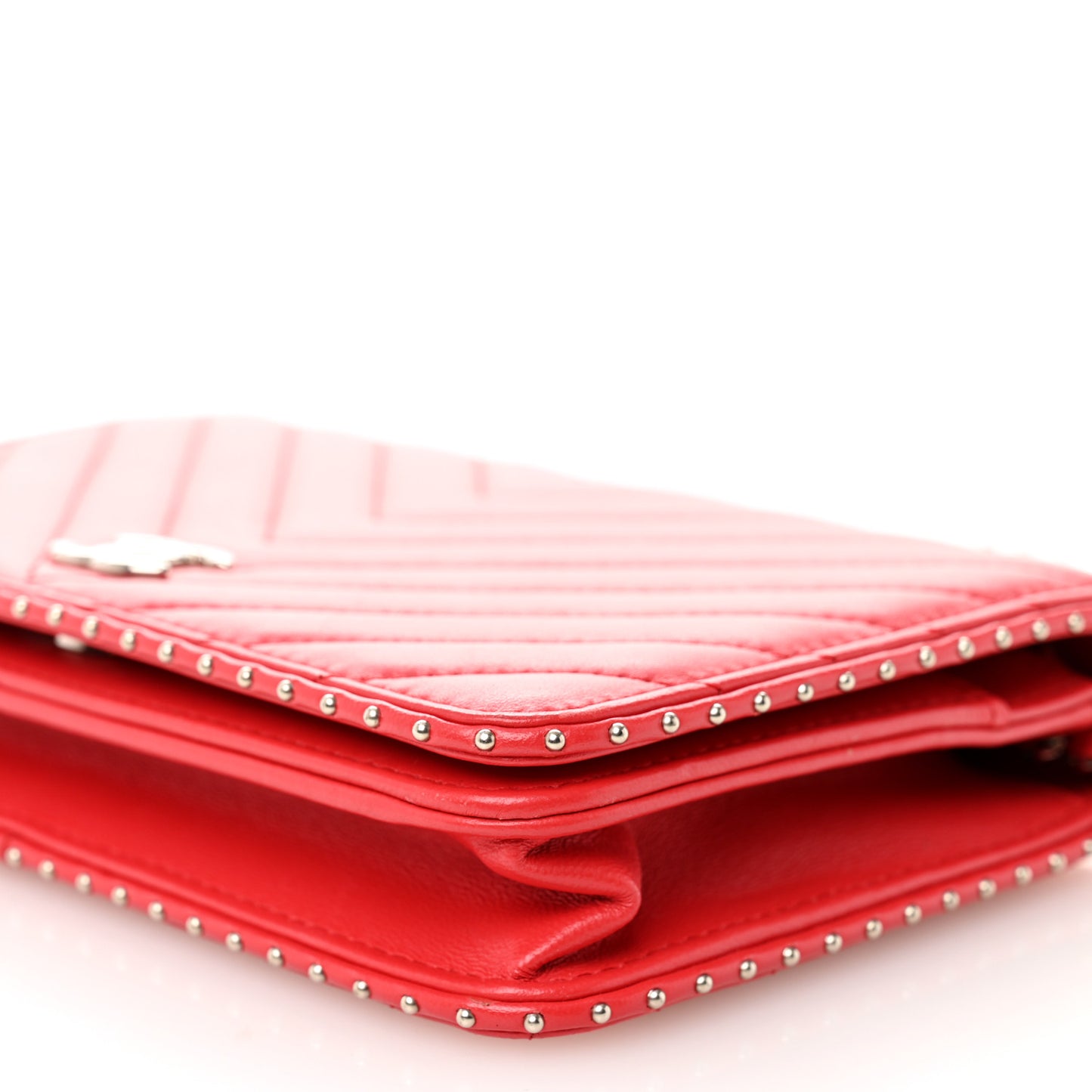 Lambskin Chevron Quilted Studded Wallet On Chain WOC Light Red