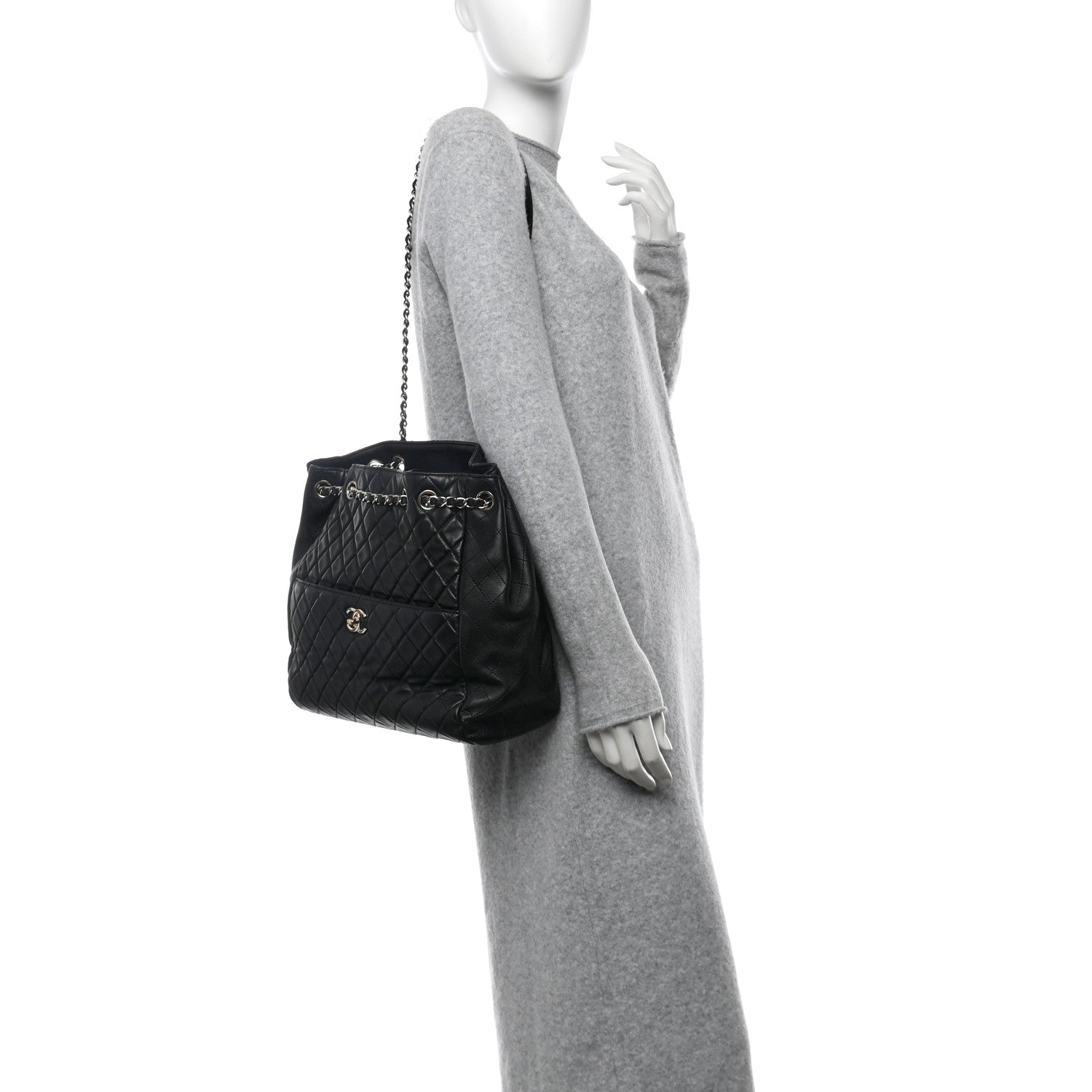 Chanel Lambskin Quilted Large Drawstring Bag Black 2 of 10