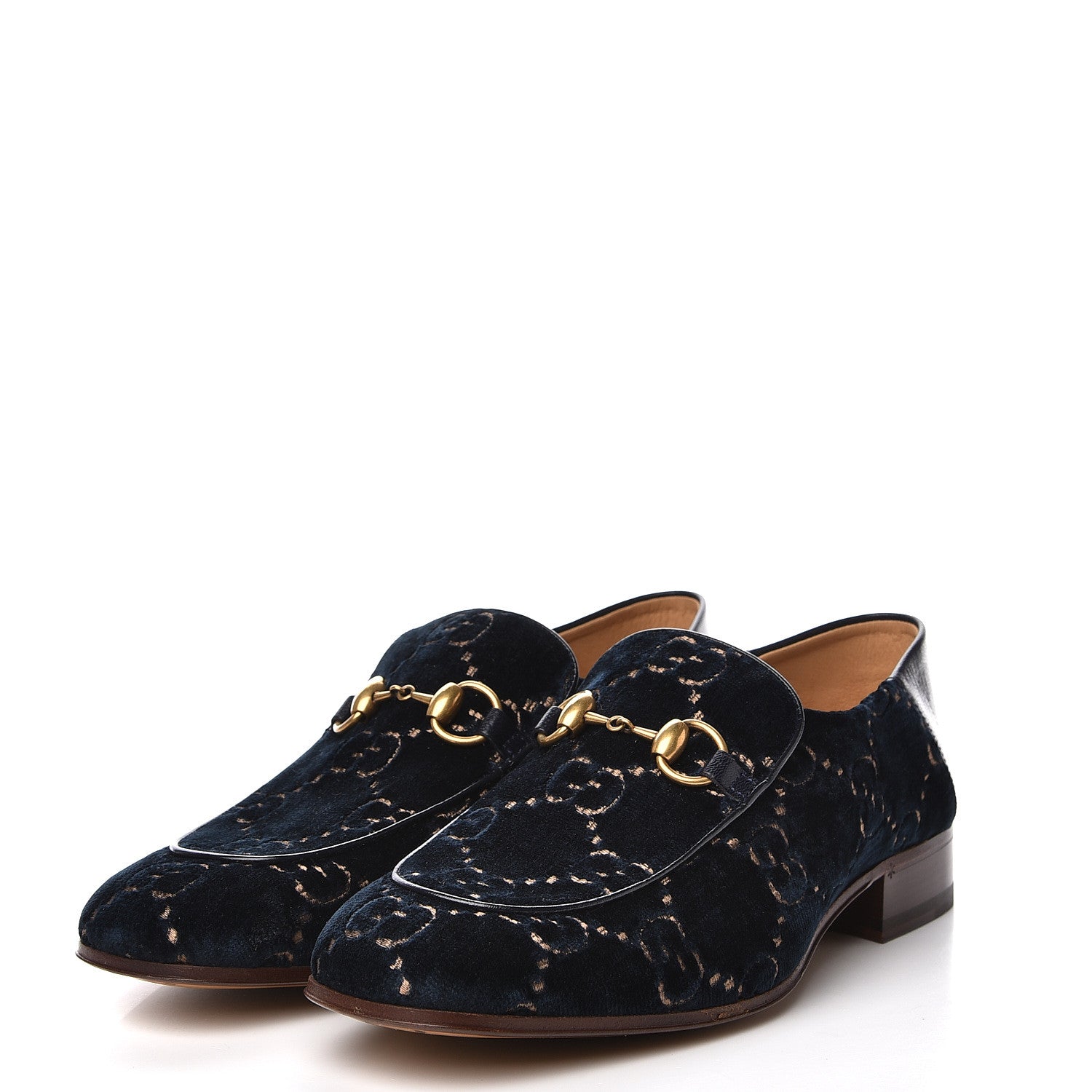 Gucci Velvet GG Monogram Goatskin Mens Horsebit Loafers 6.5 Blue Beige 2 of 10