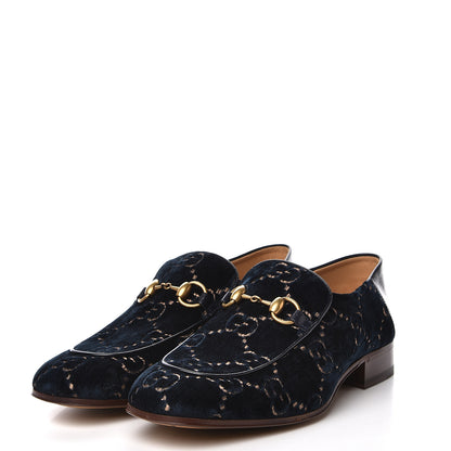 Gucci Velvet GG Monogram Goatskin Mens Horsebit Loafers 6.5 Blue Beige 2 of 10