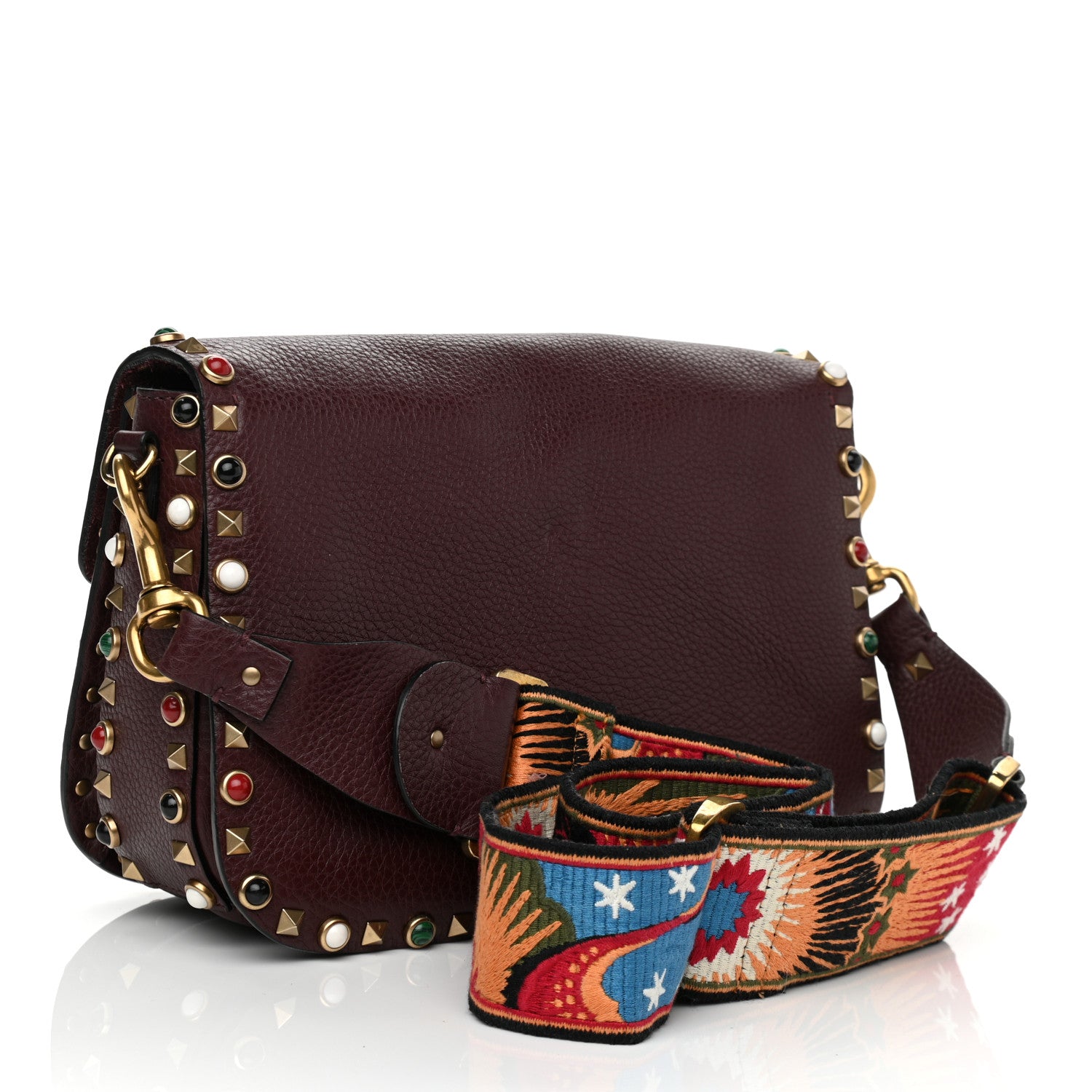 Valentino Garavani Calfskin Enchanted Wonderland Medium Guitar Strap Rockstud Rolling Flap Saddle Bag Rubin 3 of 15