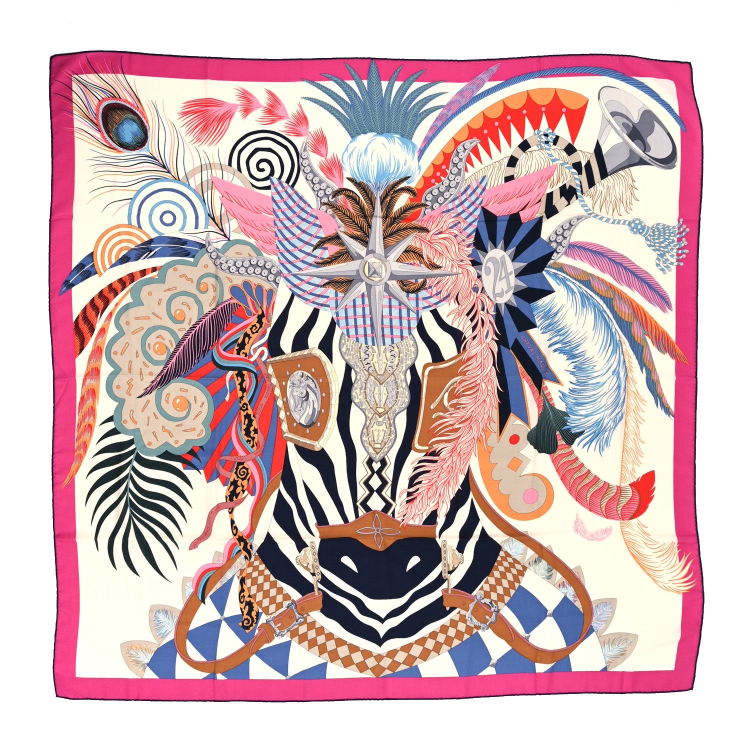 Hermes Cashmere Silk Cheval Masque Shawl 140 Fuchsia White Multicolor 1 of 5
