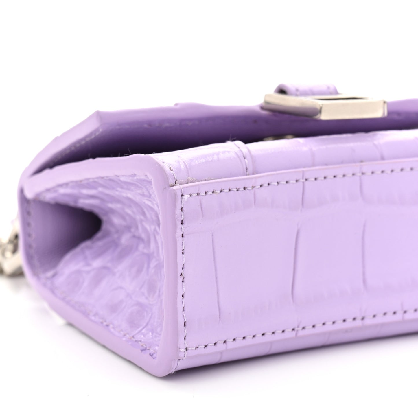 Shiny Calfskin Crocodile Embossed Hourglass Top Handle Bag Mini with Chain  Lilac