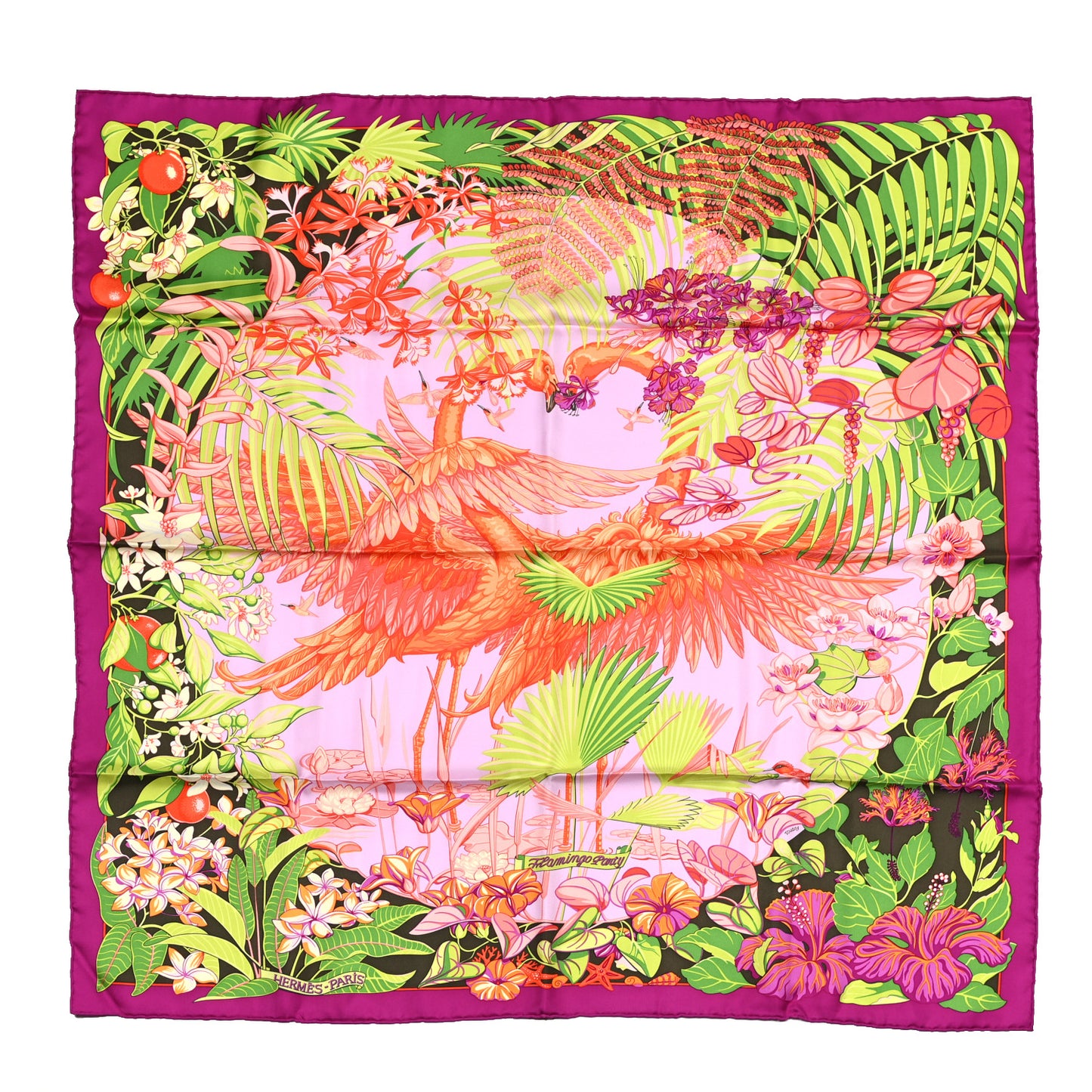 Silk Flamingo Party Scarf 90 Bougainvillier Mauve Vert