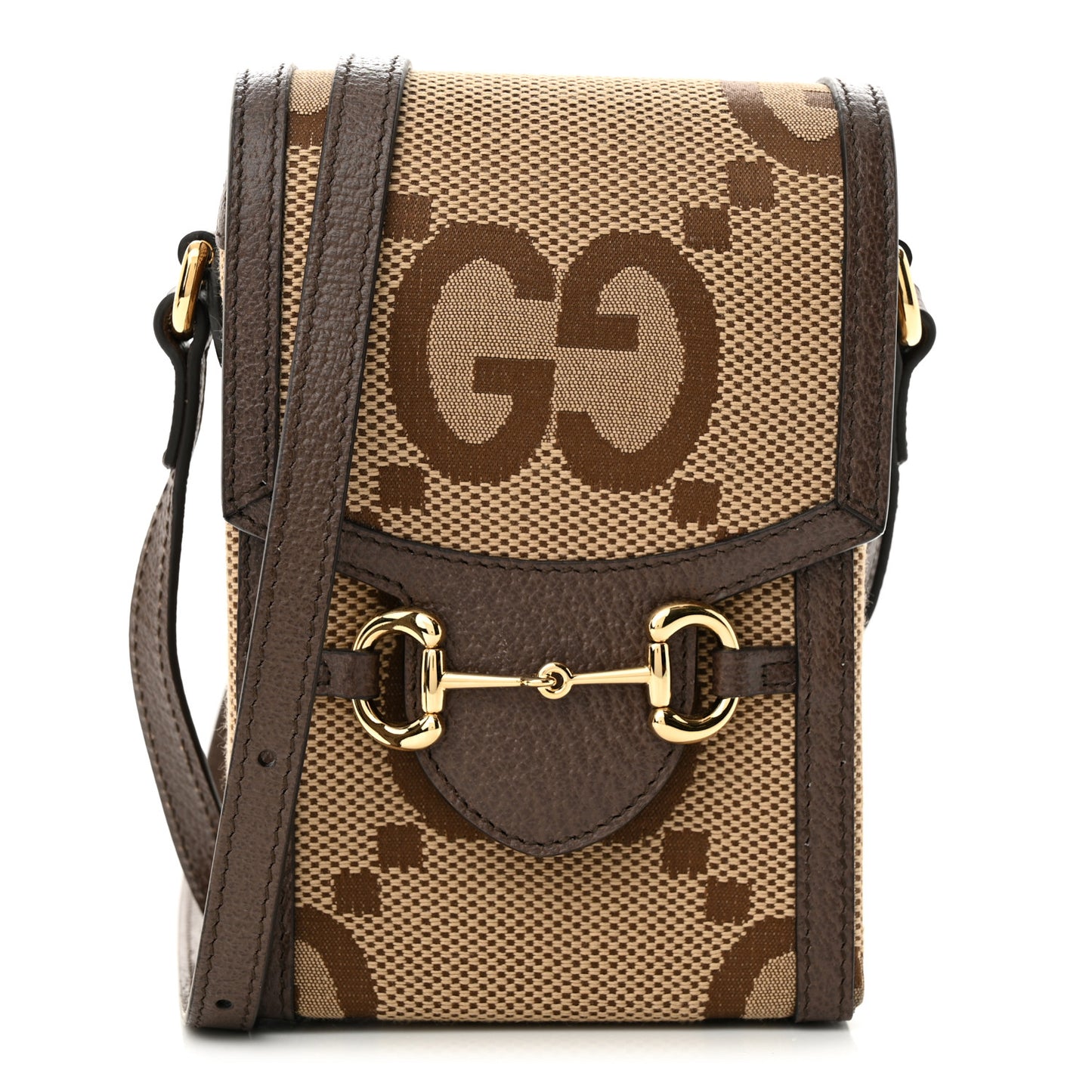 Monogram Jumbo GG Textured Dollar Calfskin Mini Horsebit 1955 Crossbody Bag Camel Ebony New Acero