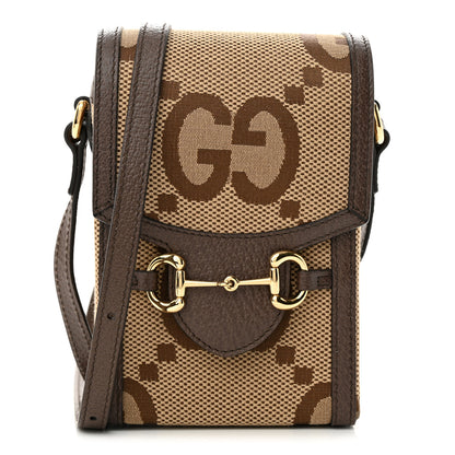 Gucci Monogram Jumbo GG Textured Dollar Calfskin Mini Horsebit 1955 Crossbody Bag Camel Ebony New Acero 1 of 10