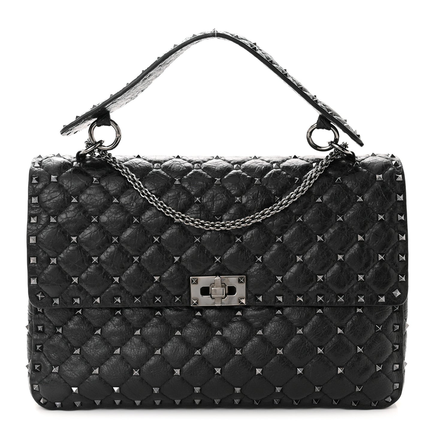 Craquele Nappa Large Rockstud Spike Shoulder Bag Black