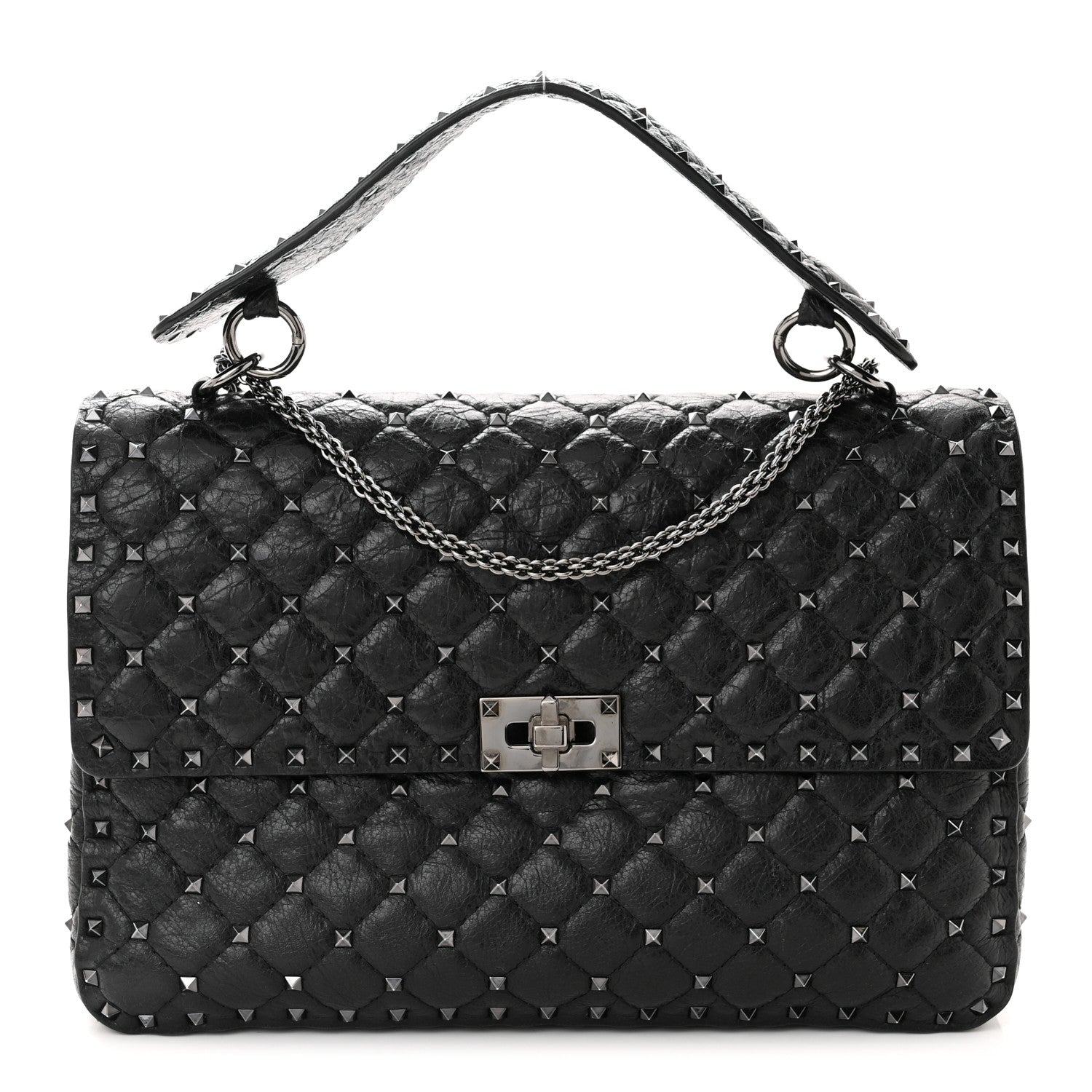 Valentino Garavani Craquele Nappa Large Rockstud Spike Shoulder Bag Black 1 of 9