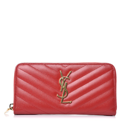 Saint Laurent Grain De Poudre Matelasse Chevron Monogram Zip Around Wallet Red 1 of 6