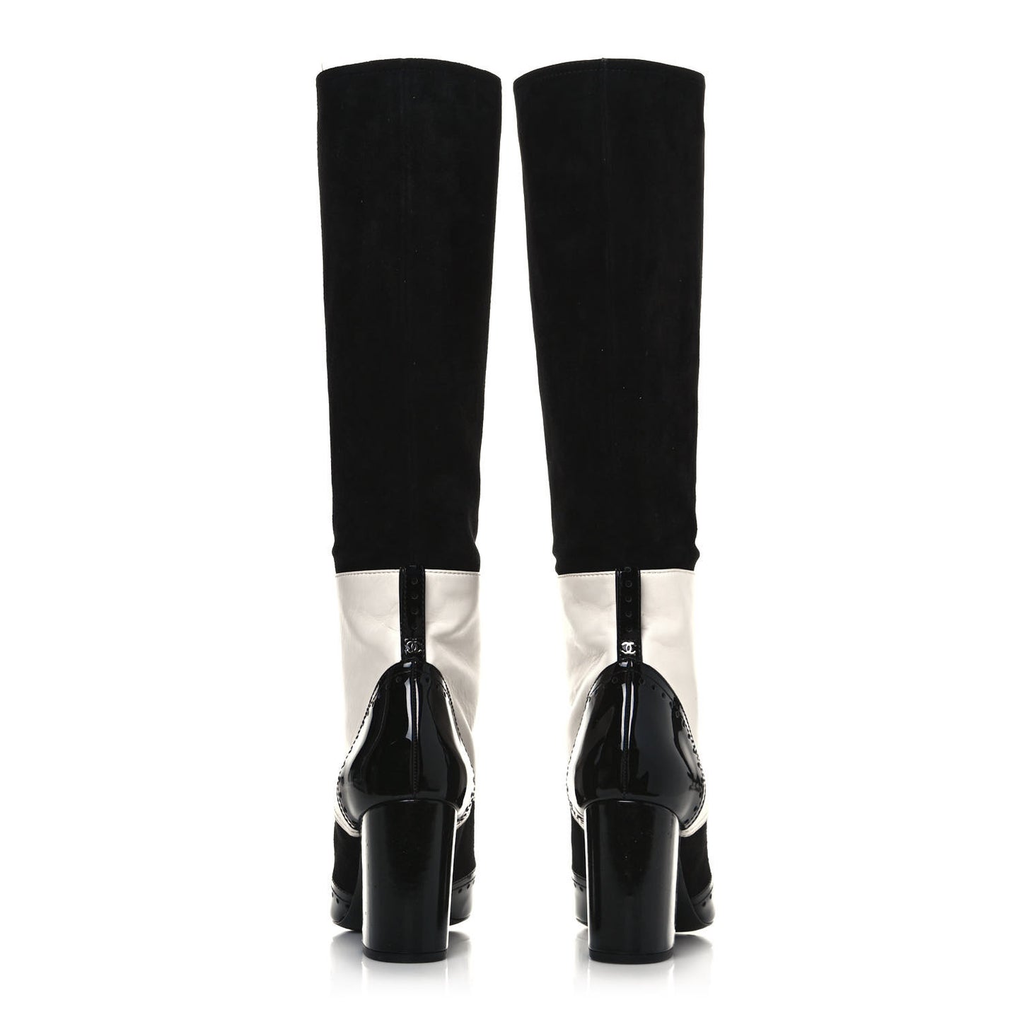 Kid Suede Lambskin Patent Calfskin Pearl Lace Up High Boots 38.5 Black Ecru