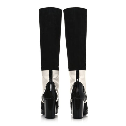 Chanel Kid Suede Lambskin Patent Calfskin Pearl Lace Up High Boots 38.5 Black Ecru 5 of 8