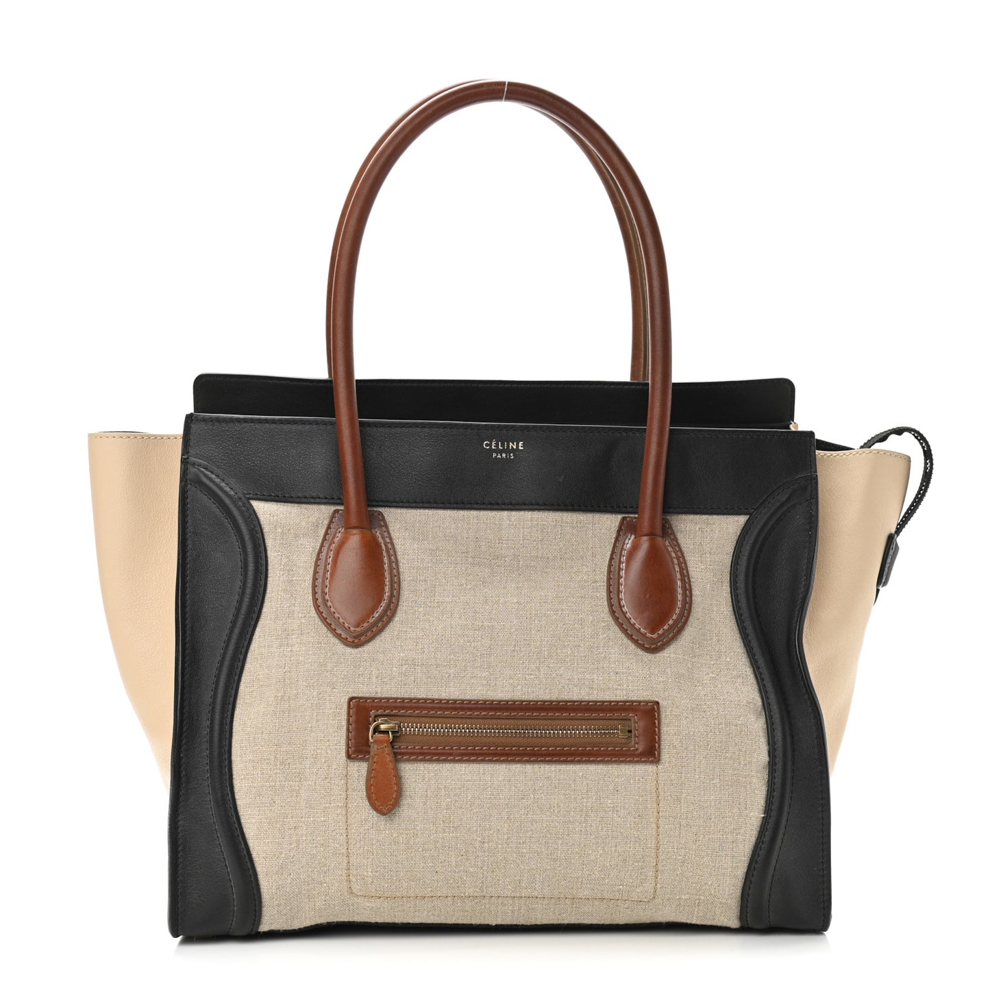 Calfskin Linen Tri-Color Shoulder Luggage Beige