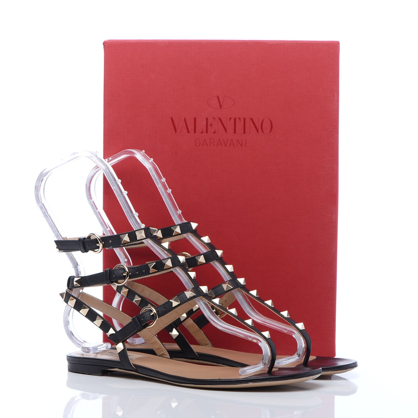 Calfskin Rockstud Ankle Wrap Flat Thong Sandals 37.5 Black