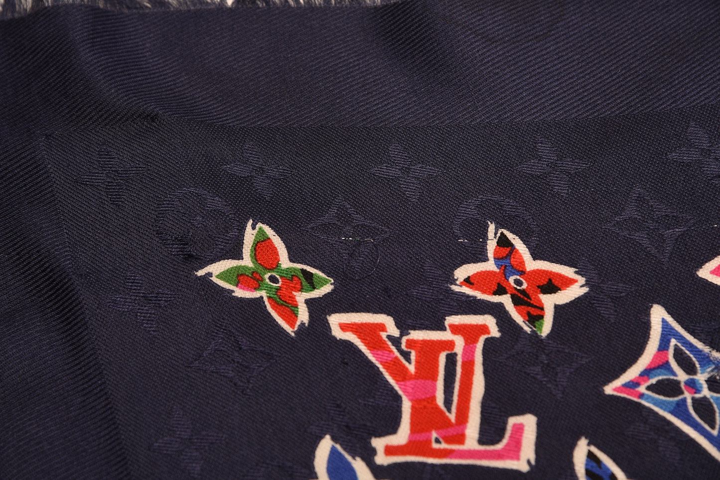 Wool Silk ABC Monogram Shawl Navy