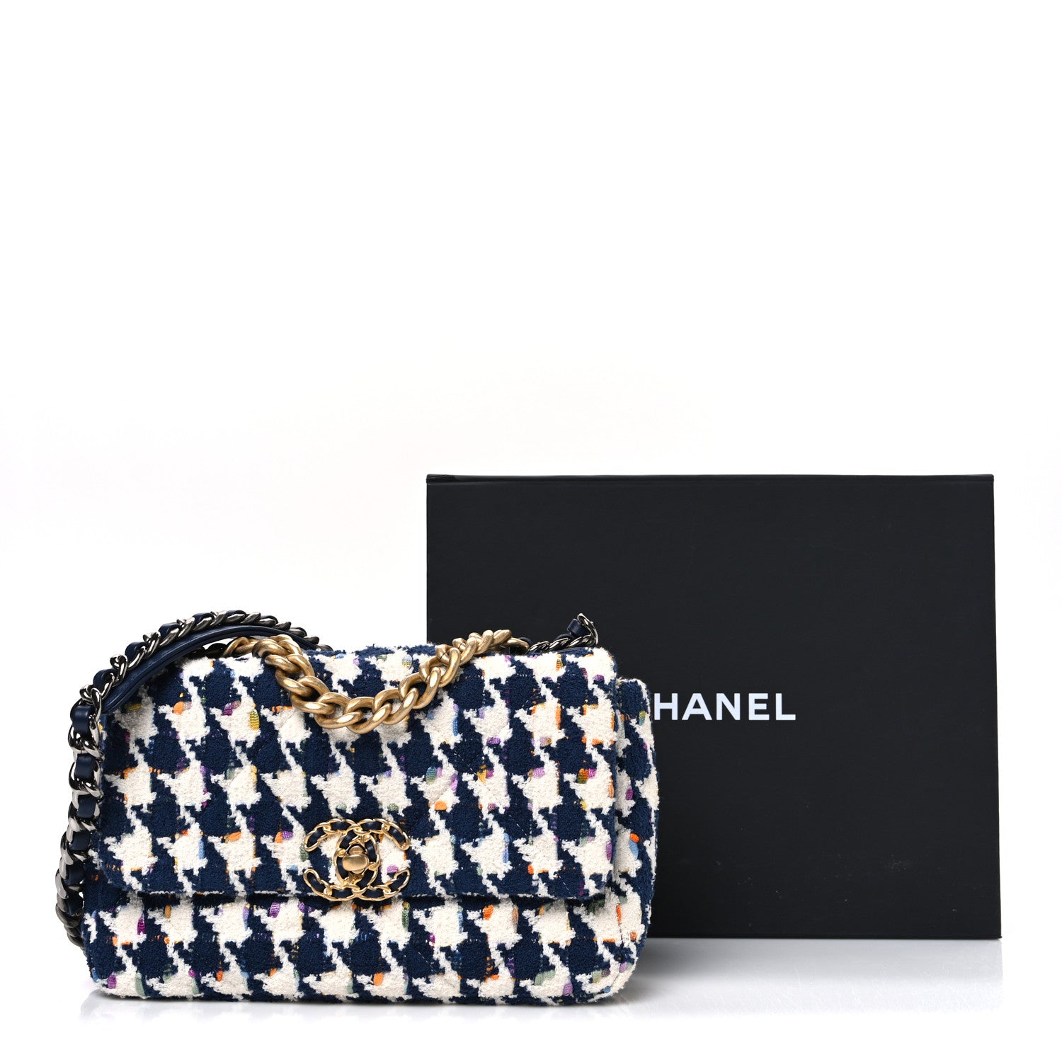 Chanel Tweed Quilted Medium Chanel 19 Flap Ecru Navy Blue