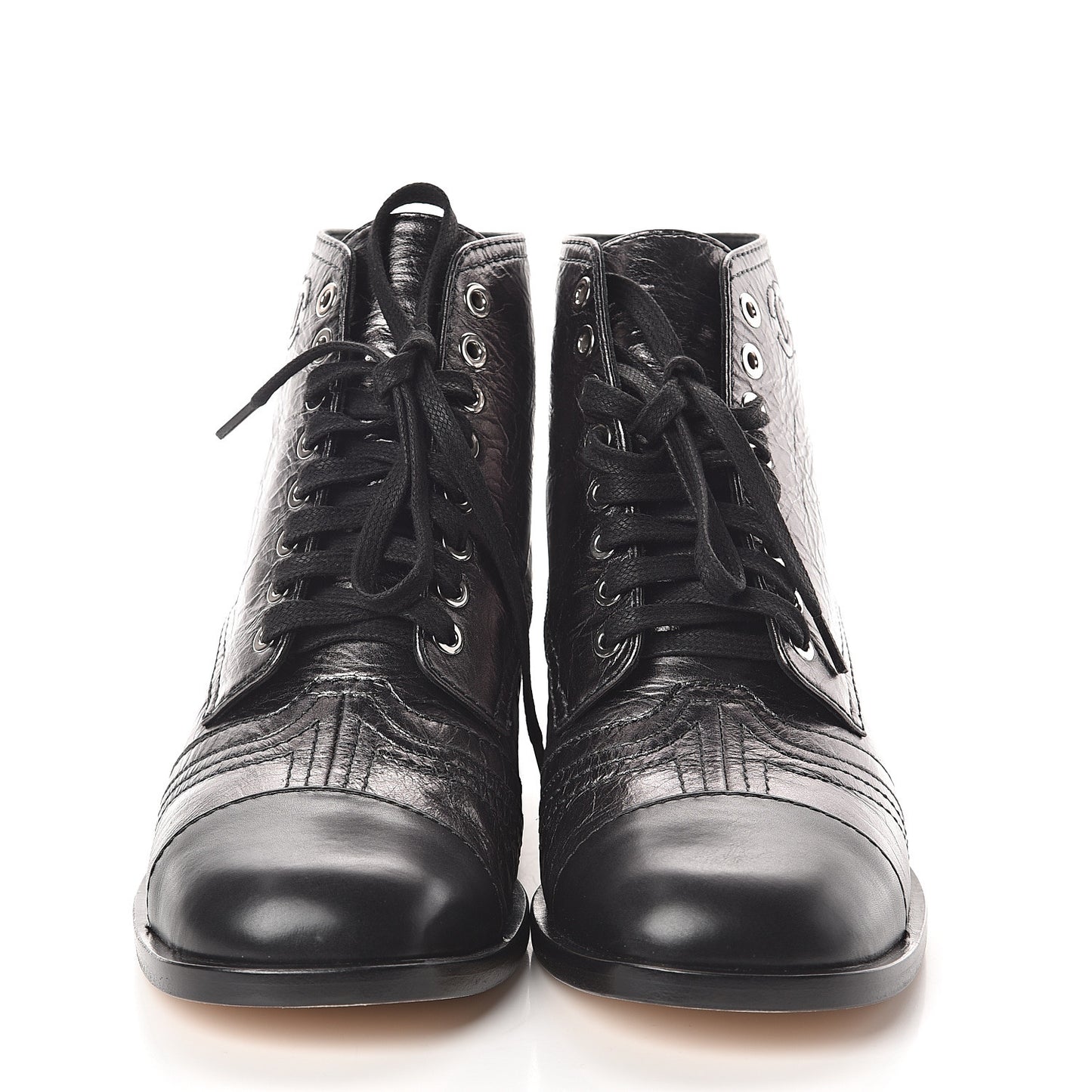 Metallic Calfskin CC Lace Up Boots 38.5 Silver Black