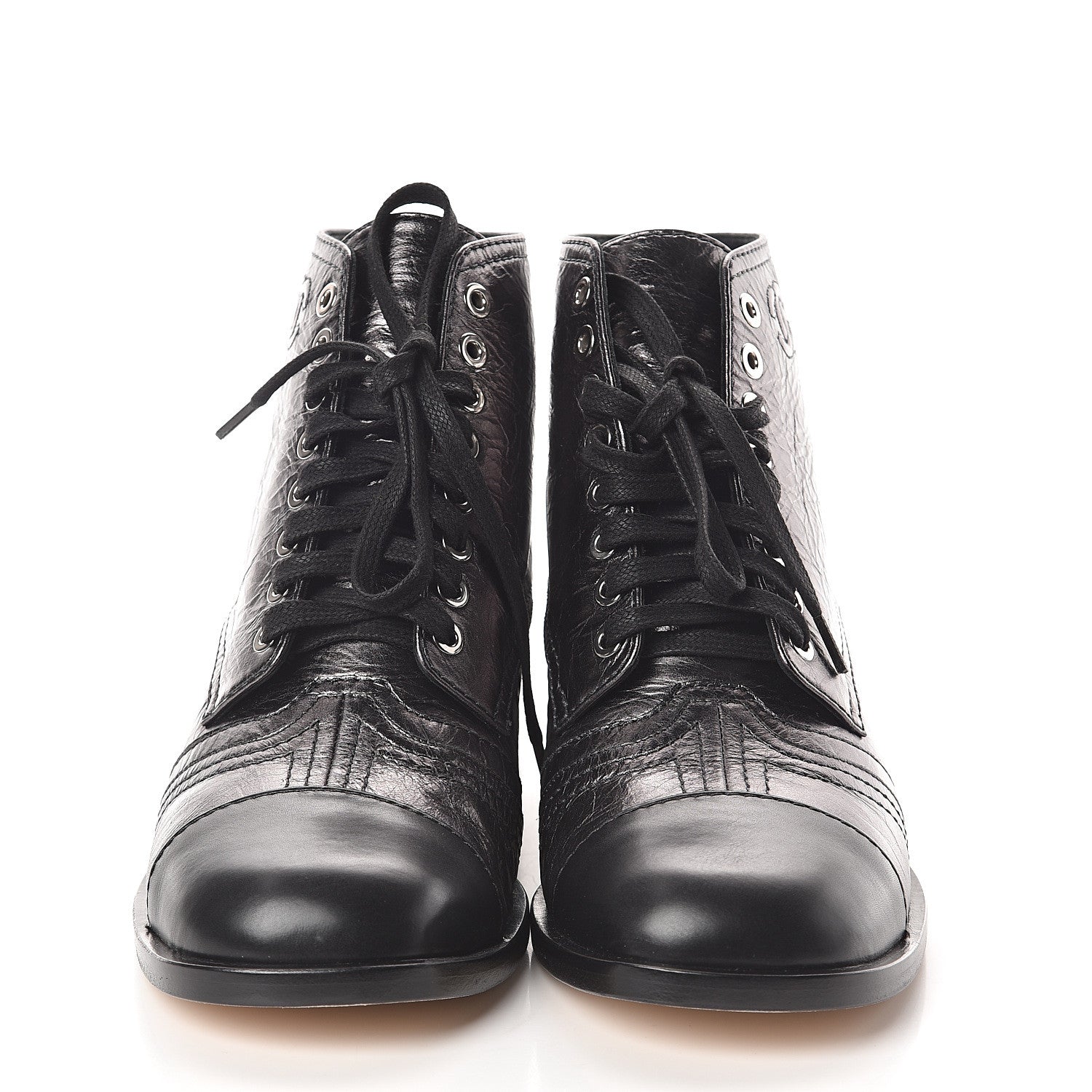 Chanel Metallic Calfskin CC Lace Up Boots 38.5 Silver Black 2 of 6