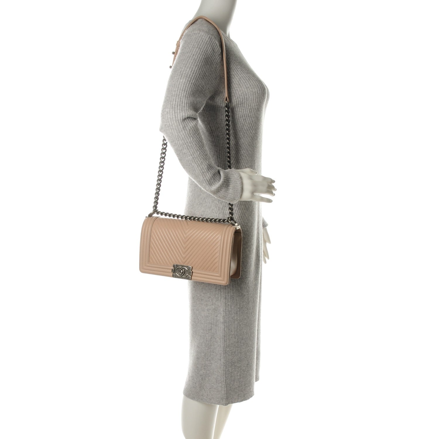 Chanel Calfskin Chevron Medium Boy Flap Light Beige 2 of 7