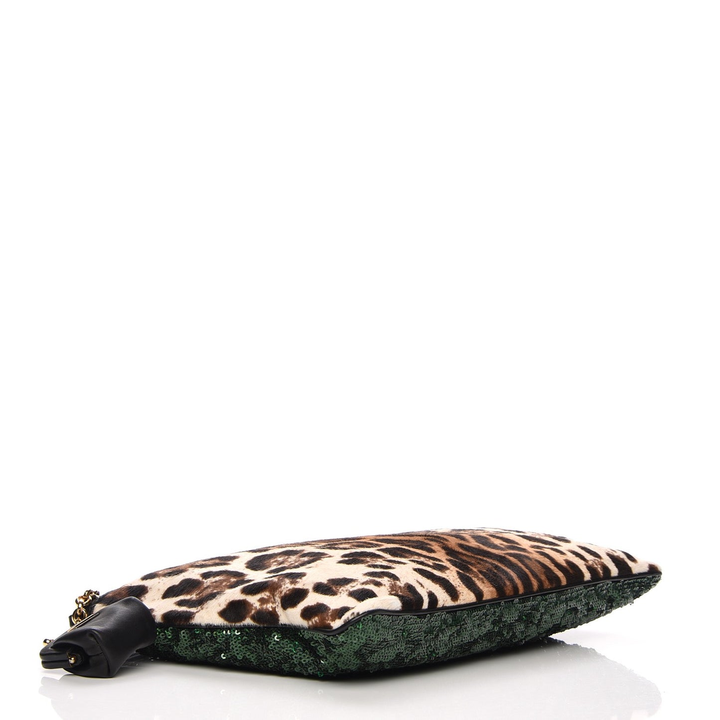 Sequin Leopard Print Calf Hair Chain Clutch Beige Bottle Green