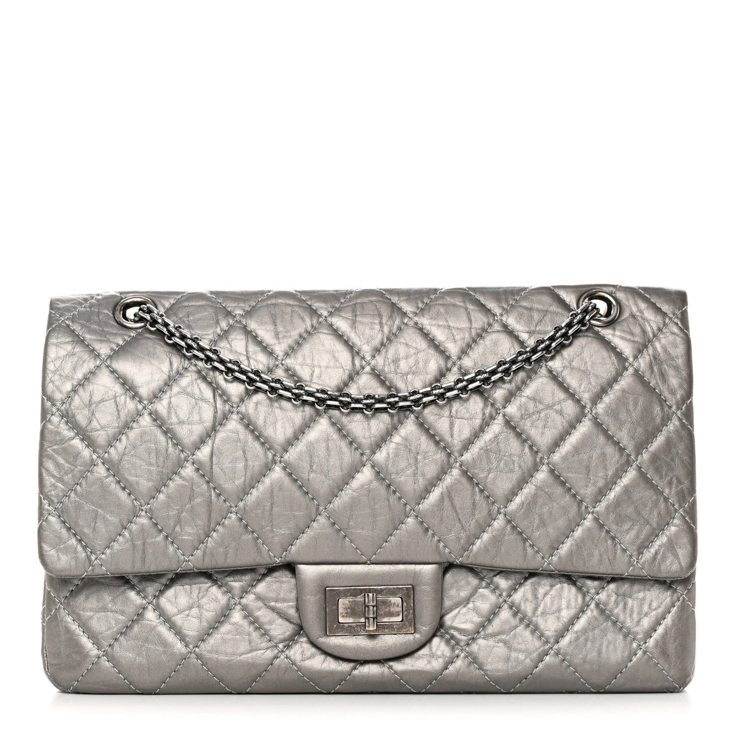 Metallic Aged Calfskin Quilted 2.55 Reissue 227 Flap Dark Silver