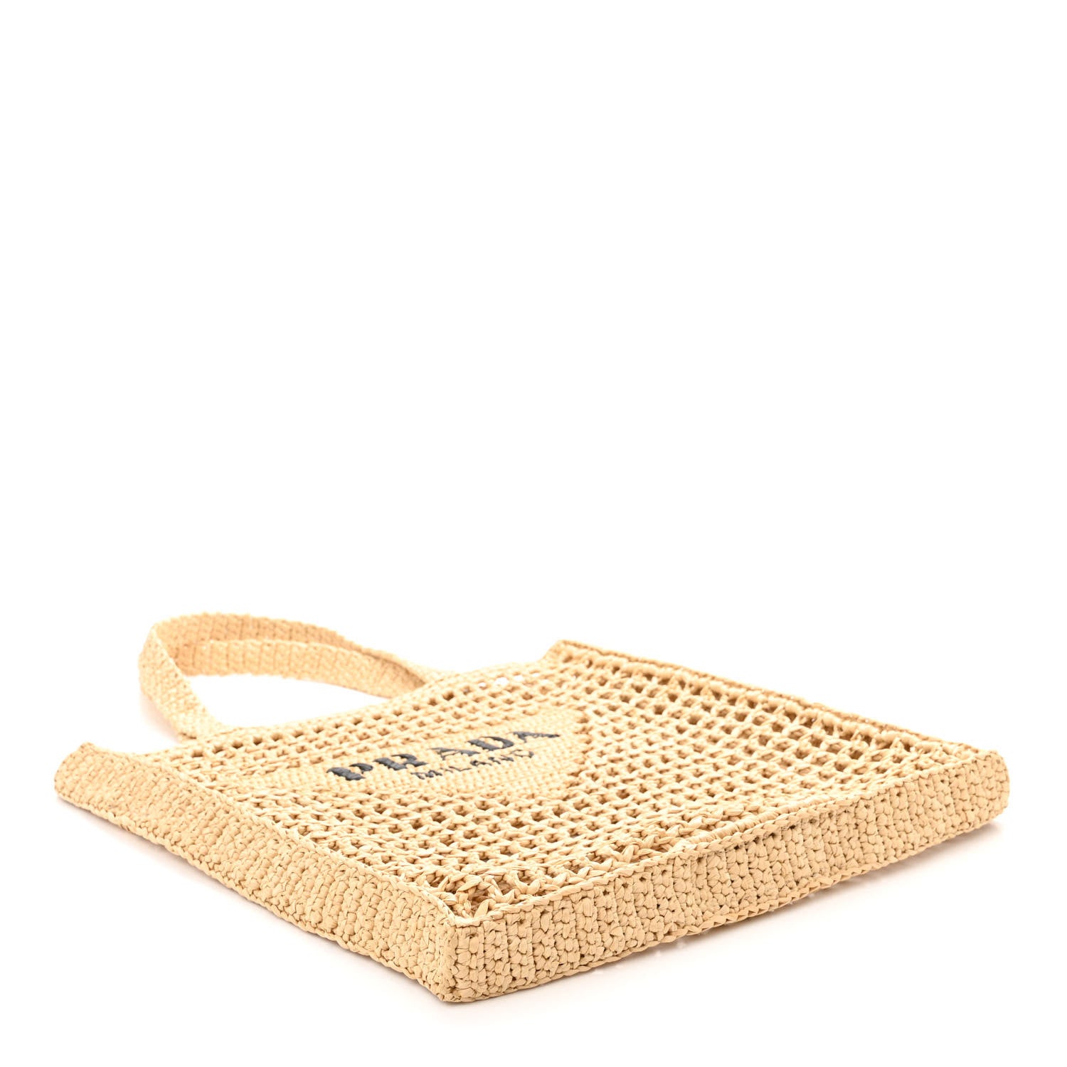 Prada Yarn Raffia Effect Crochet Logo Embroidered Tote Bag Naturale 4 of 9