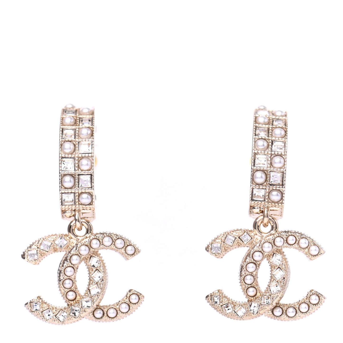 Crystal Pearl CC Drop Earrings Gold