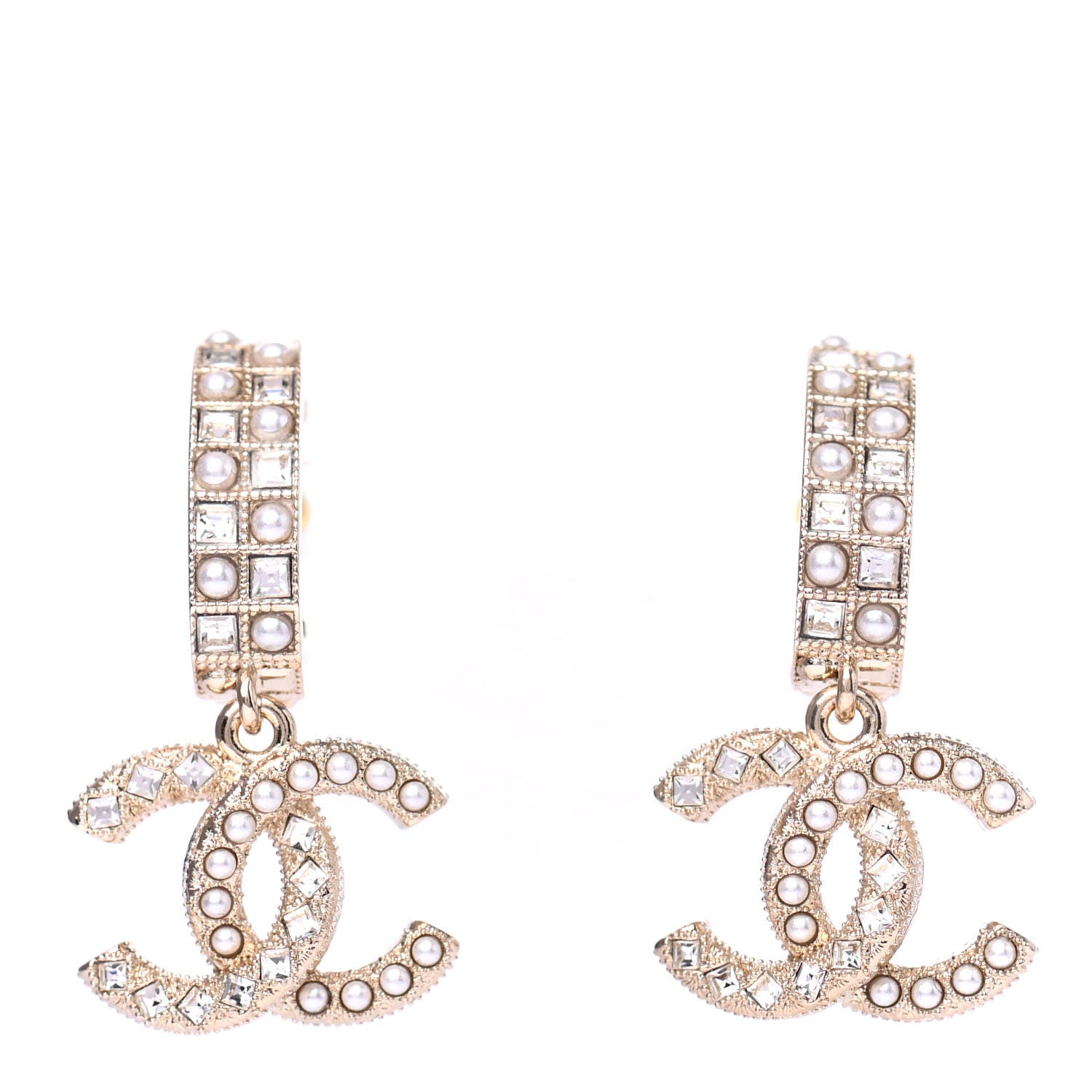Chanel Crystal Pearl CC Drop Earrings Gold 1 of 4