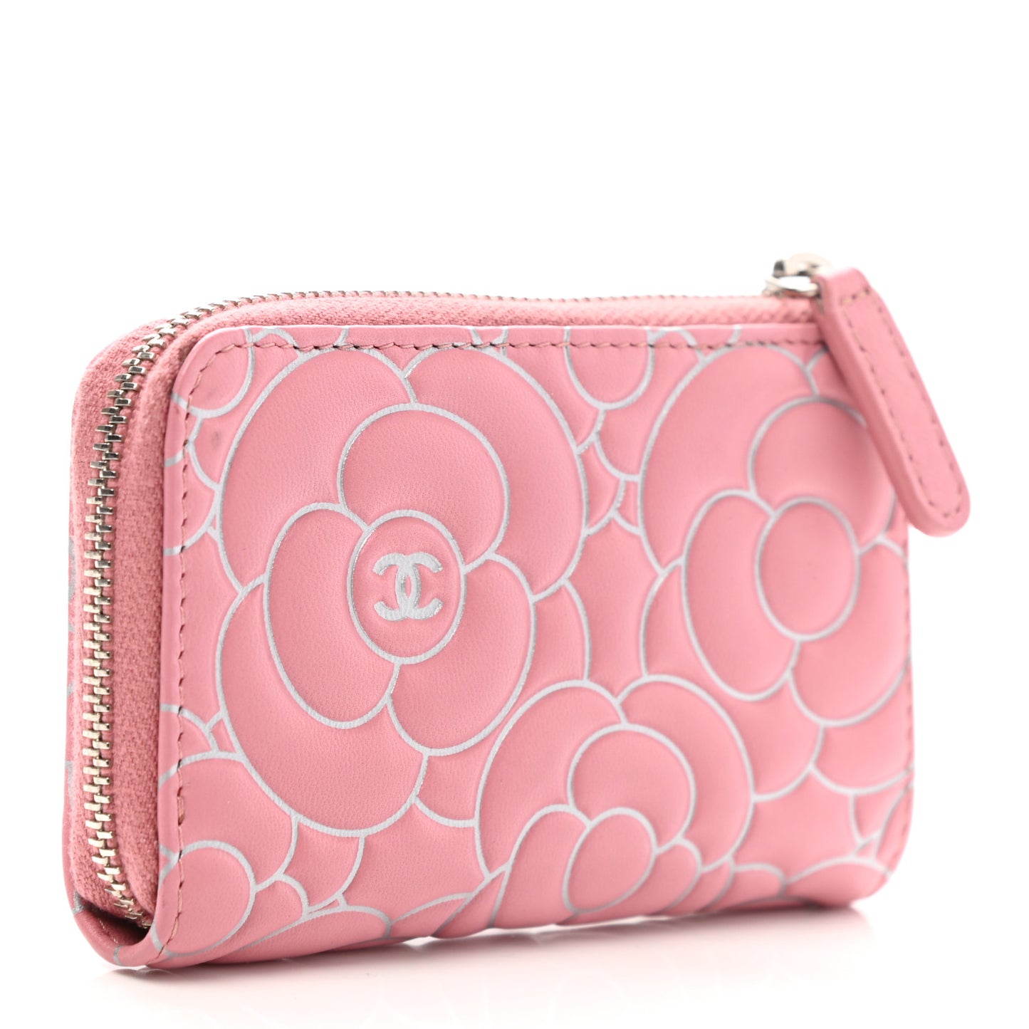 Lambskin Camellia Embossed Key Holder Case Pink