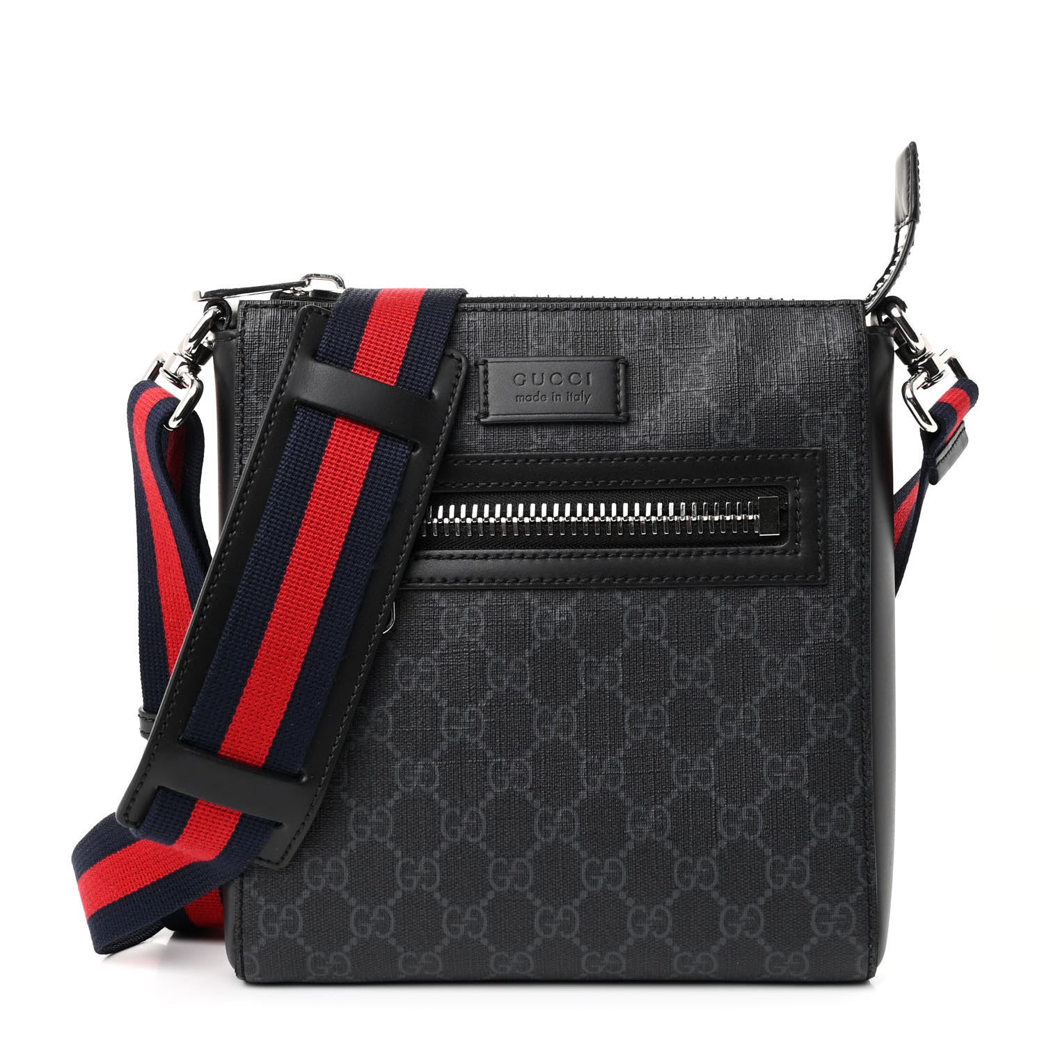 Gucci GG Supreme Monogram Web Small Flat Messenger Bag Black Grey 1 of 12