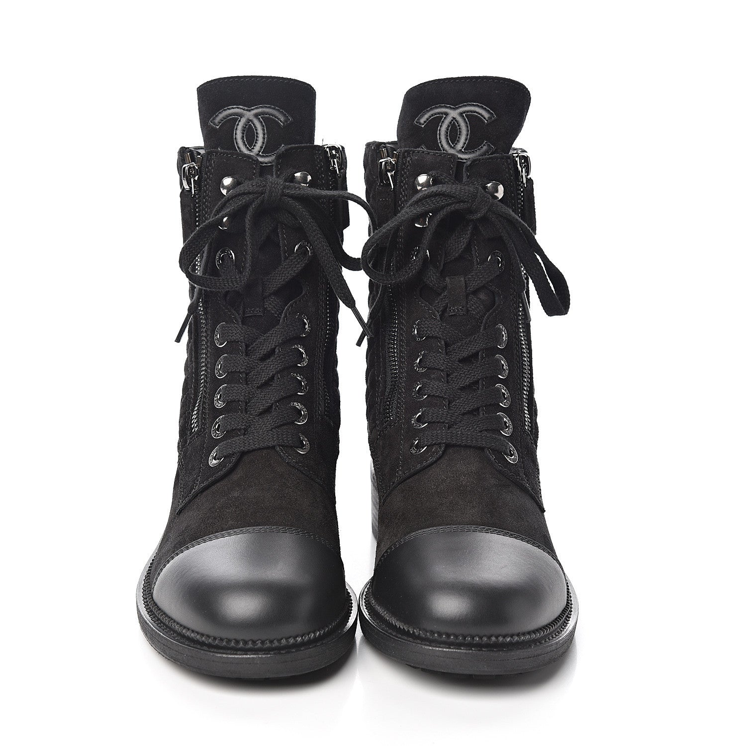 Chanel Suede Quilted CC Lace Up Combat Boots 40 Black 2 of 9